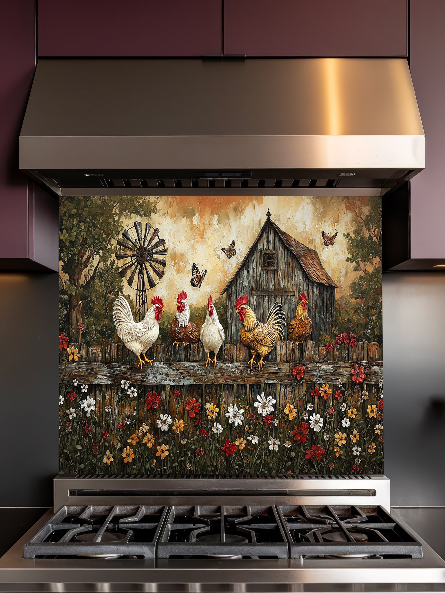 Tempered glass kitchen backsplash featuring a rustic painting of roosters and chickens perched on a wooden fence above colorful wildflowers, with a vintage barn and windmill in the background, installed behind a modern stainless steel stove.