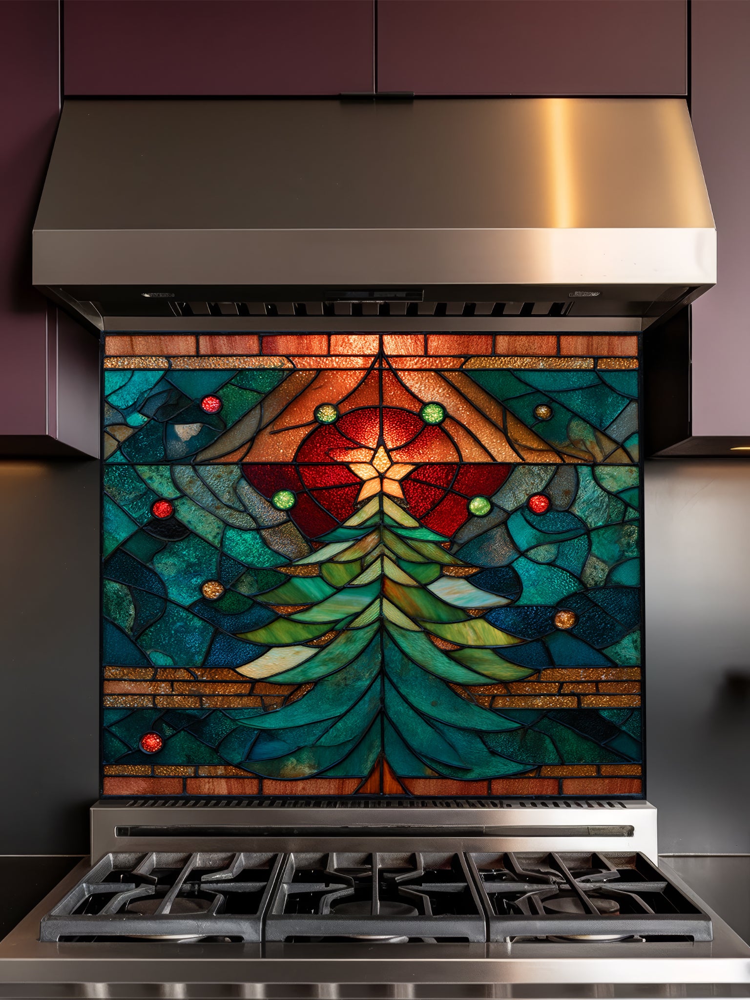 Tempered glass kitchen backsplash featuring a highly realistic 3D illusion of stained glass art showing a festive evergreen Christmas tree decorated with red ornaments and a glowing gold star against a warm amber and blue background, installed behind a modern black stove.