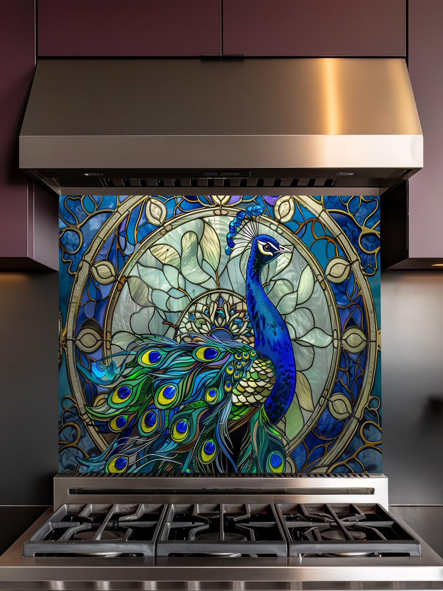 Tempered glass kitchen backsplash featuring a highly realistic 3D illusion of Art Nouveau stained glass showing a majestic royal blue peacock against an intricate circular mandala background with gold outlines, installed behind a modern stainless steel stove.