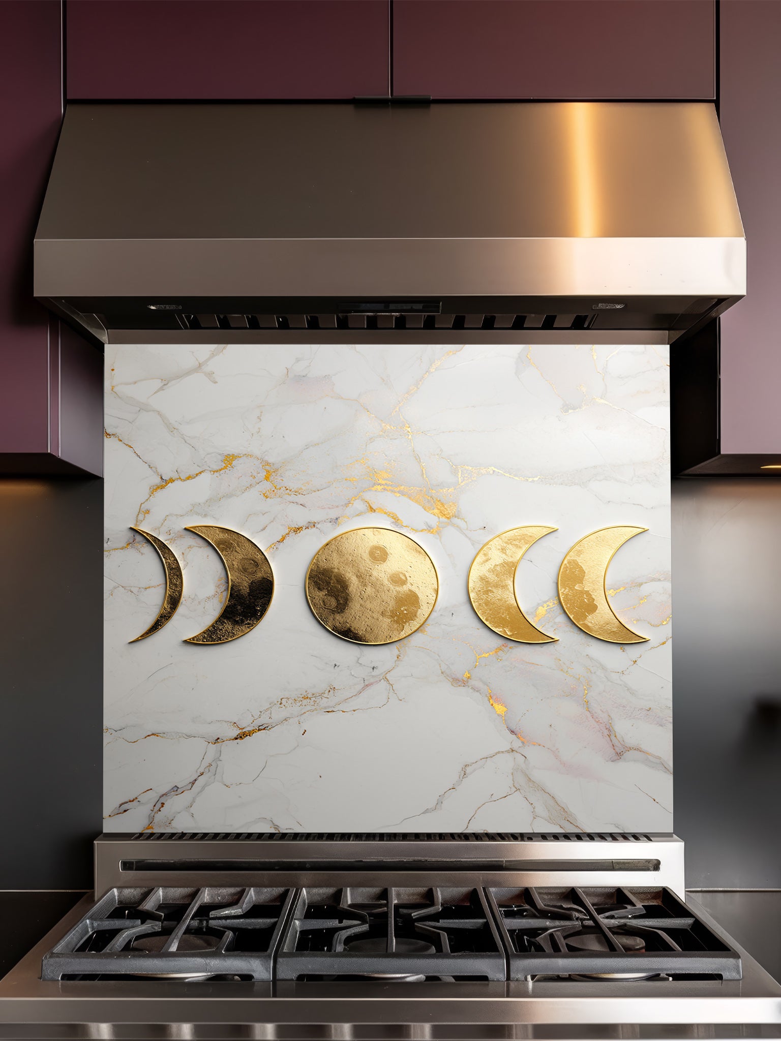 Faux 3D effect textured metallic gold moon phases on an elegant white and gold veined marble background, UV printed on a smooth tempered glass kitchen backsplash, installed behind a modern stove.