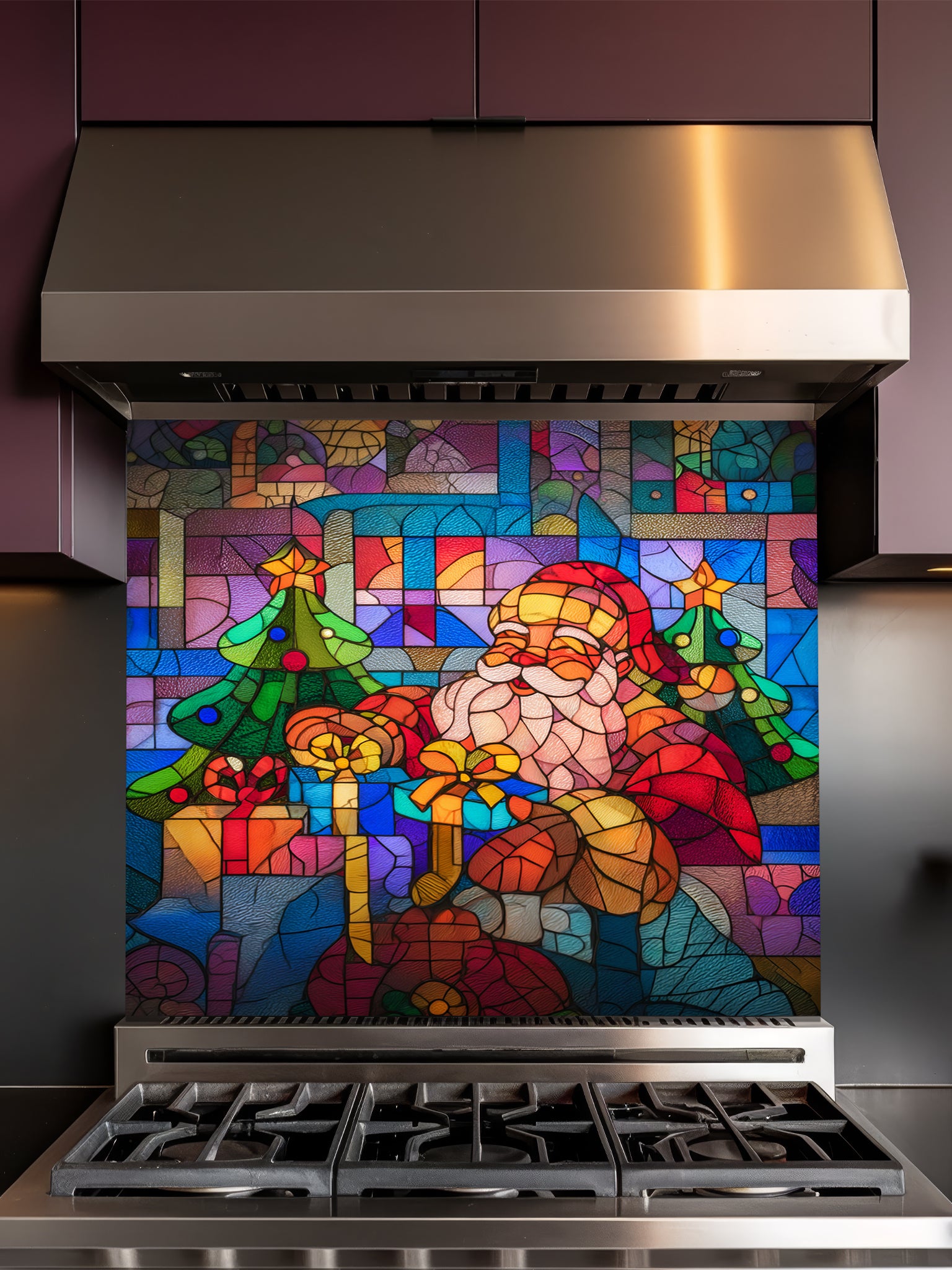 Tempered glass kitchen backsplash featuring a highly realistic 3D illusion of colorful stained glass art showing a cheerful Santa Claus surrounded by green Christmas trees and wrapped gifts in vibrant red, blue, green, and gold, installed behind a modern black stove.