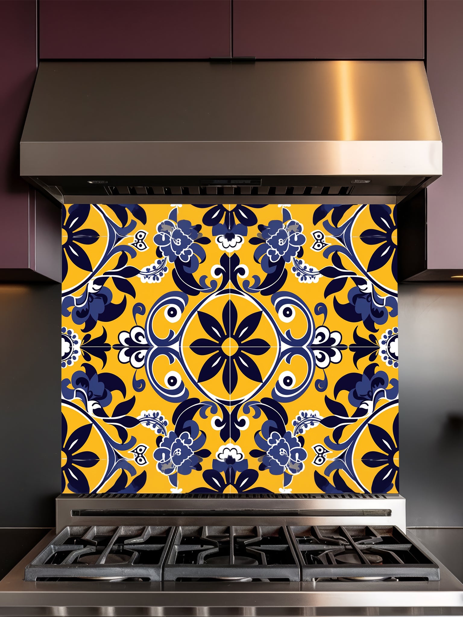 Vibrant traditional Talavera style faux tile pattern in bright yellow, deep navy blue, and white, UV printed on a smooth tempered glass kitchen backsplash.