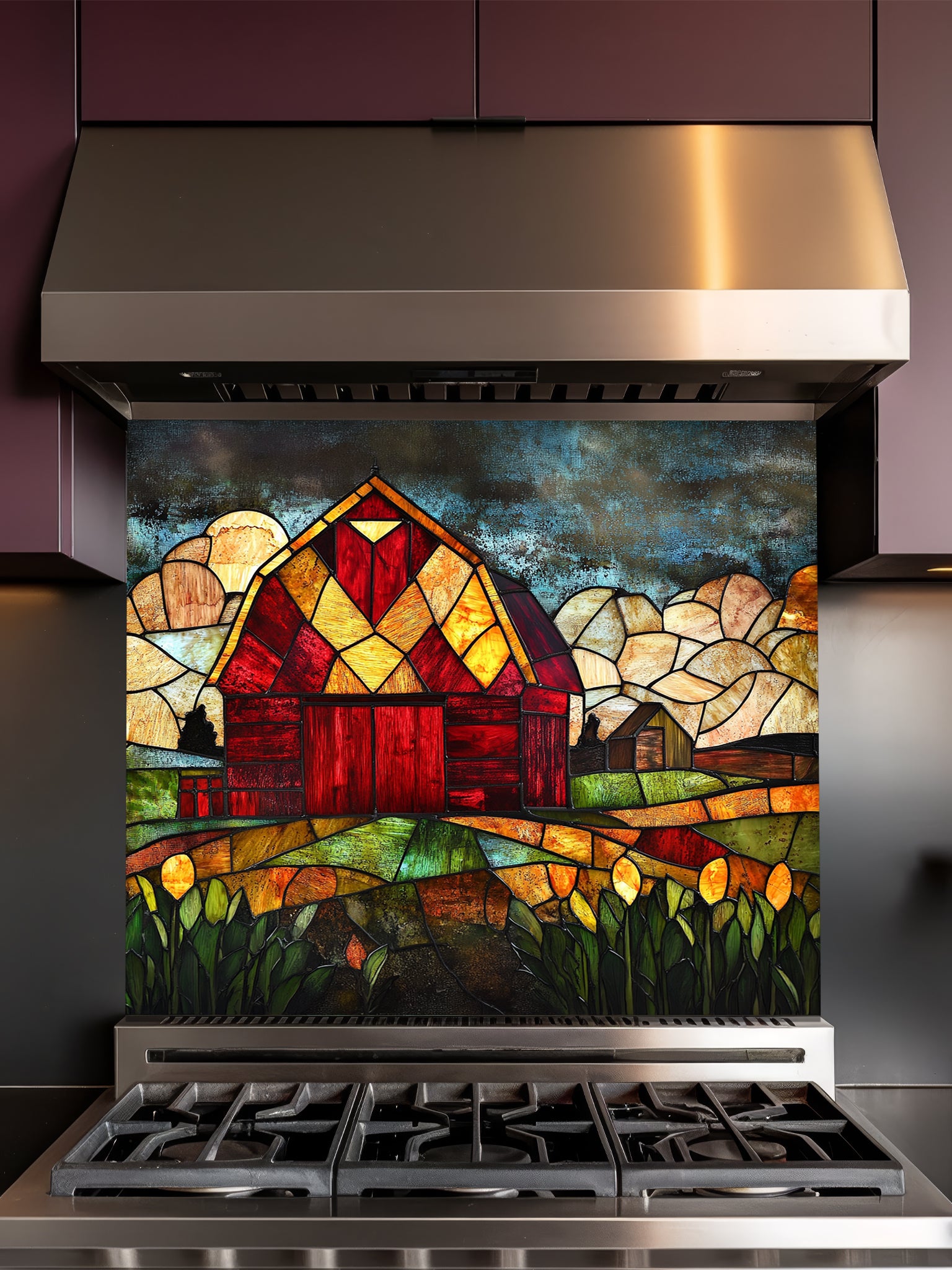 Tempered glass kitchen backsplash featuring a highly realistic 3D illusion of stained glass art showing a classic rustic red barn set in a vibrant farm landscape with golden fields under a cloudy blue sky, installed behind a modern black stove.