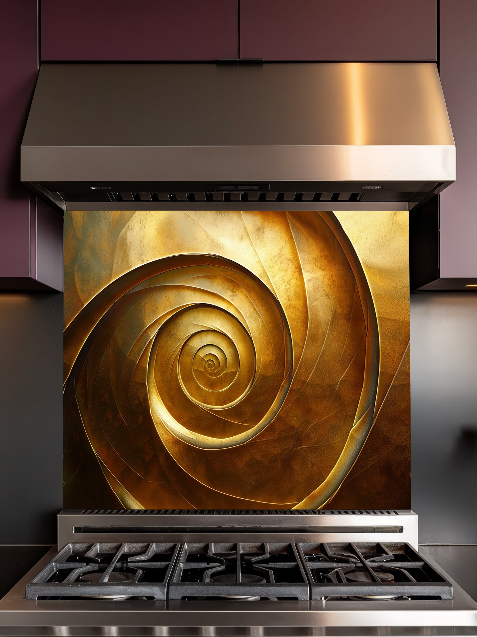 Tempered glass kitchen backsplash featuring a highly realistic 3D illusion of an abstract metallic golden spiral or vortex with deep shadows and glowing bronze highlights, installed behind a modern black stove.