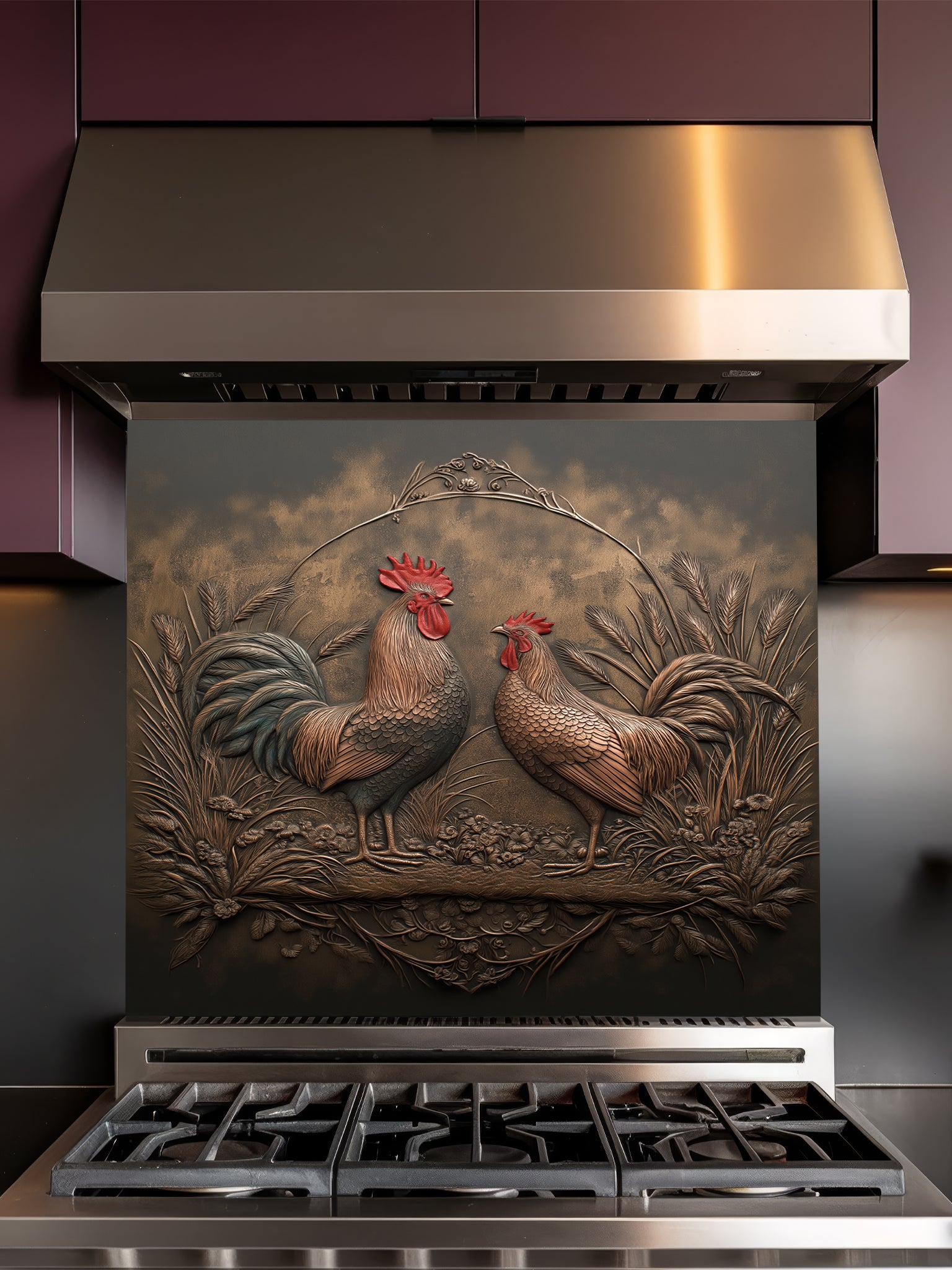 Faux 3D effect weathered bronze and copper relief of two roosters among wheat, UV printed on a smooth tempered glass kitchen backsplash, installed behind a modern stove.