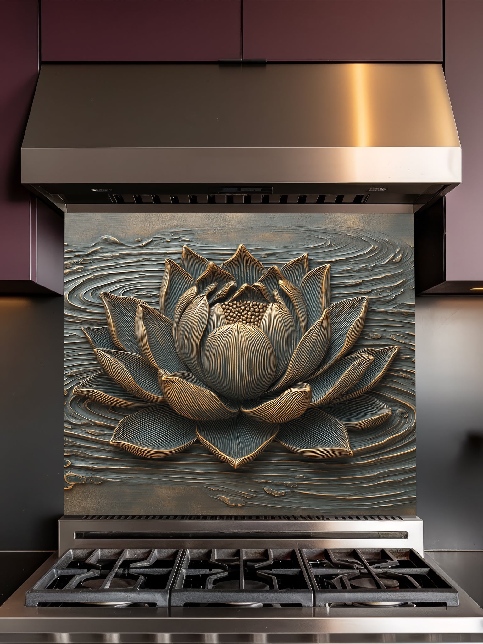 Faux 3D sculpted relief of a lotus flower with bronze highlights and rippling water waves on a dark background, UV printed on a smooth tempered glass kitchen backsplash.