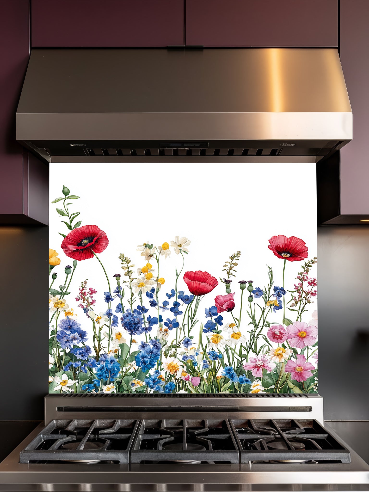 A bright kitchen featuring a tempered glass backsplash with a vibrant botanical illustration of a colorful wildflower meadow on a crisp white background, installed behind a modern stainless steel stove.