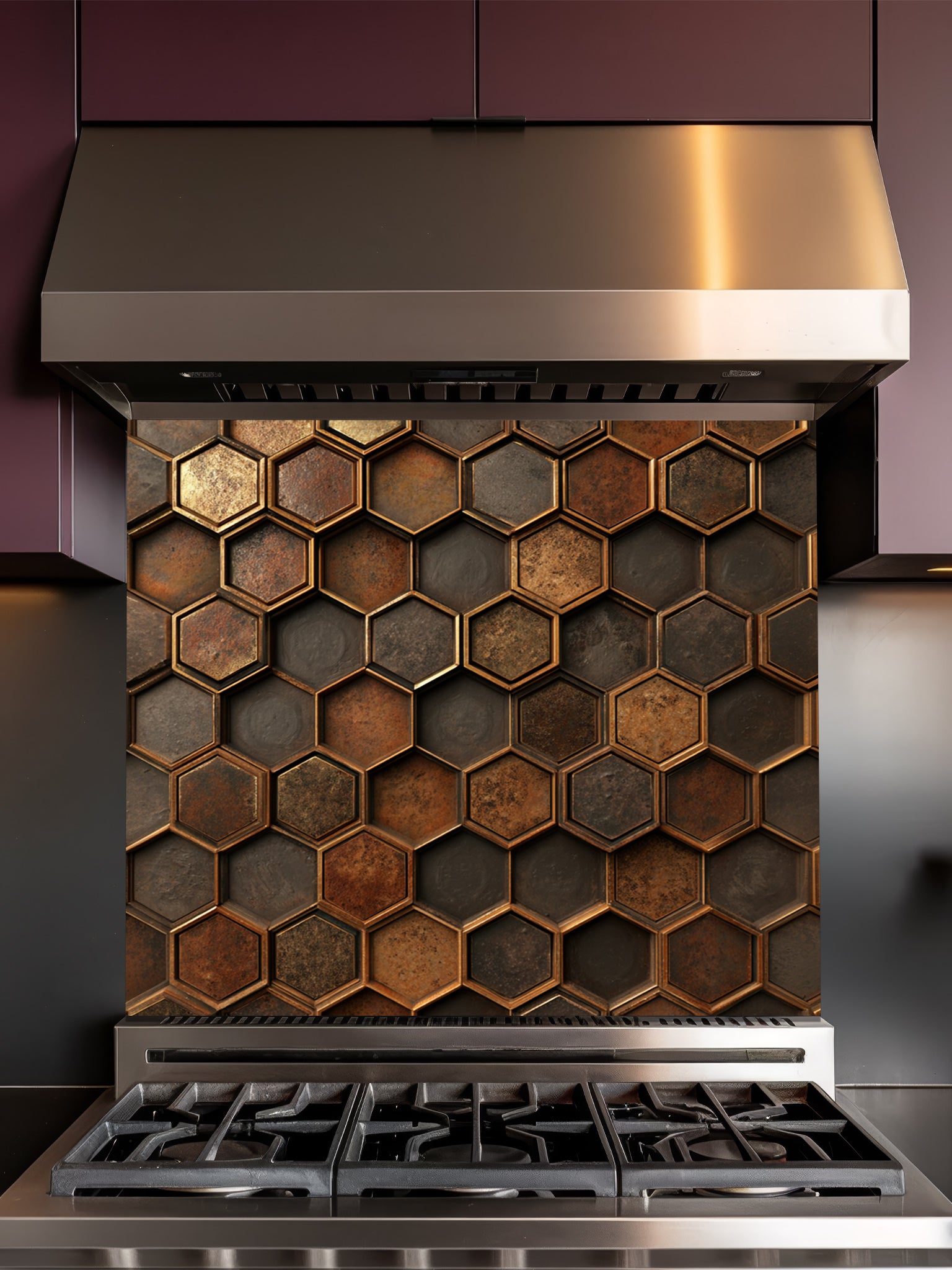 Faux 3D effect weathered and rusted metal hexagon tiles in copper and iron tones, UV printed on a smooth tempered glass kitchen backsplash, installed behind a modern stove.