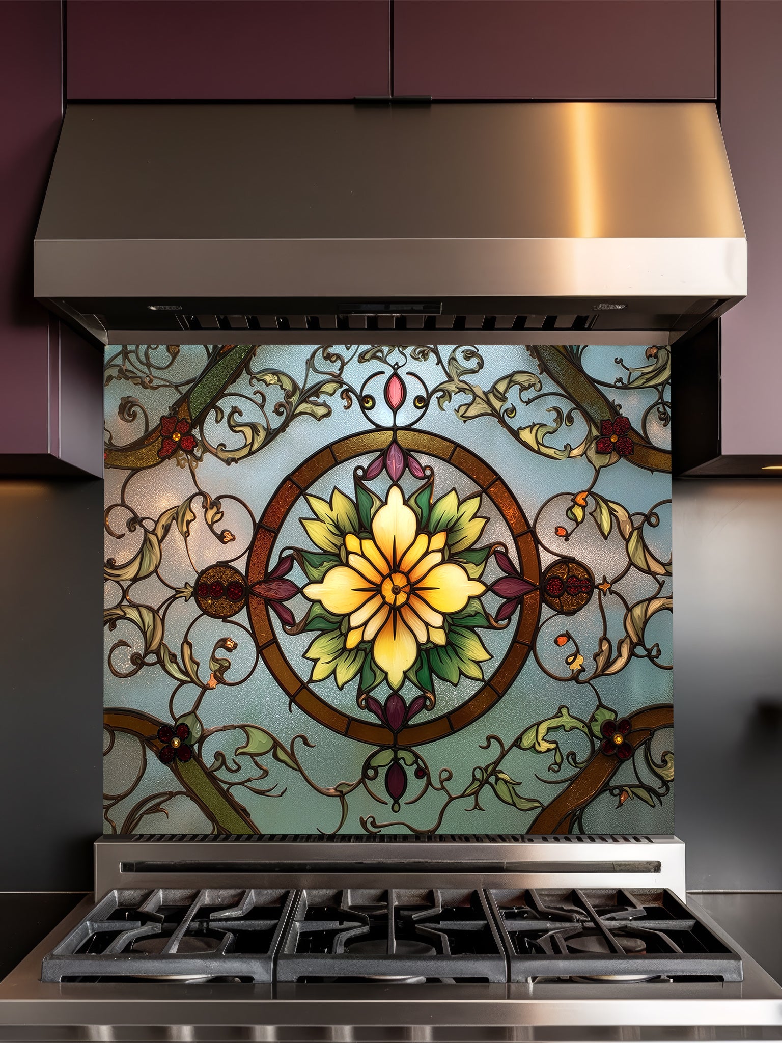 Tempered glass kitchen backsplash featuring a highly realistic 3D illusion of vintage stained glass, showcasing a glowing yellow floral medallion surrounded by green vines and red accents against a frosted blue background, installed behind a modern stainless steel stove.