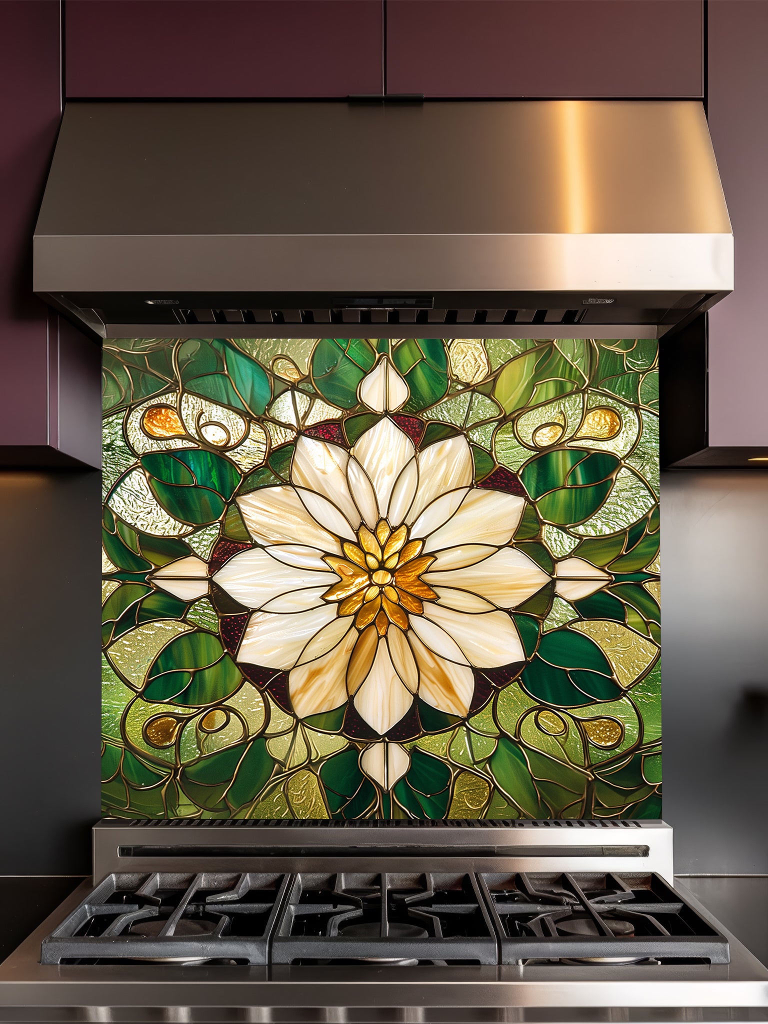 Stained glass style large white flower and rich green leaves UV printed on a smooth tempered glass kitchen backsplash, installed behind a modern stove.