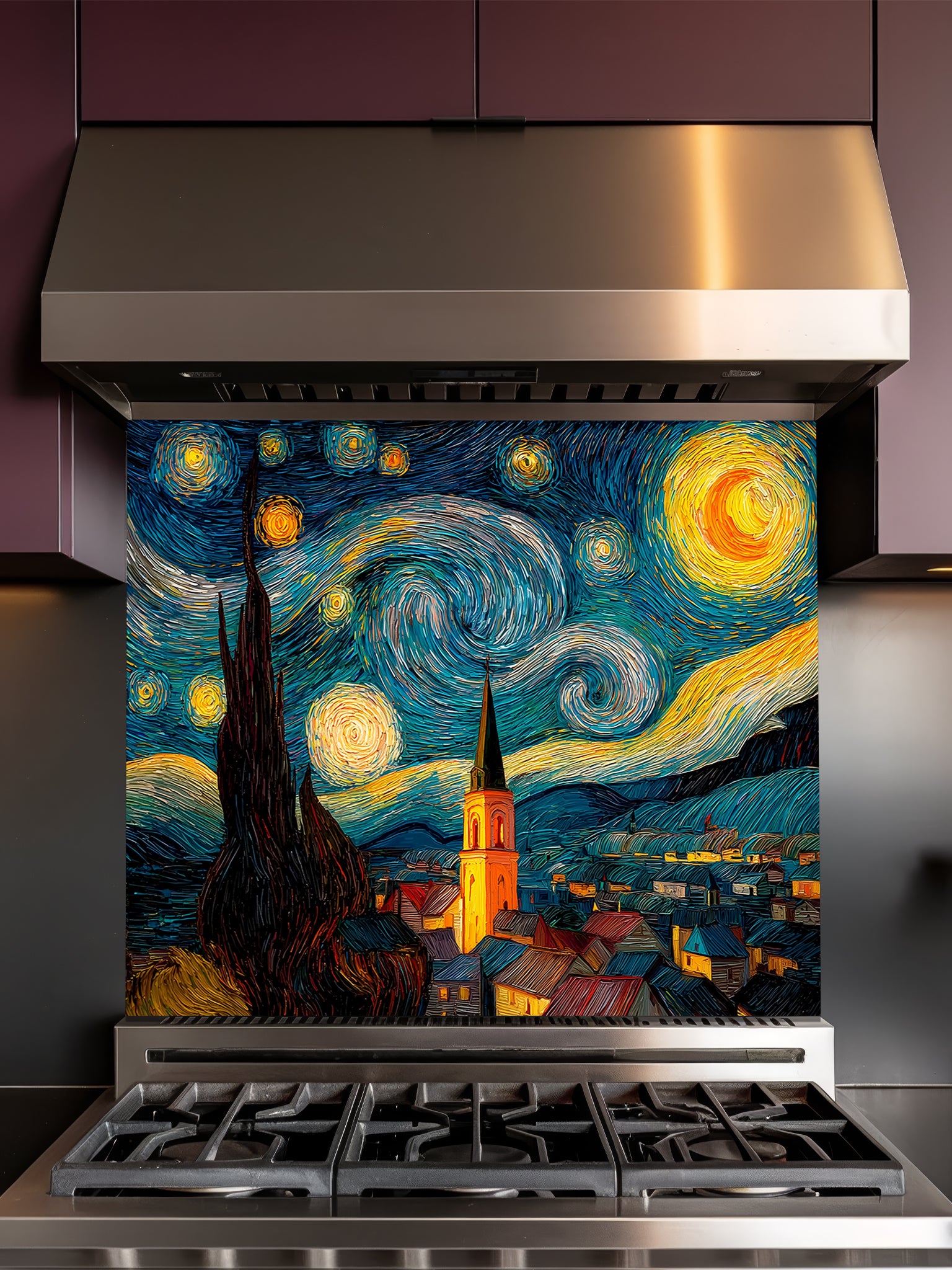 Tempered glass kitchen backsplash featuring a highly realistic 3D illusion of a thick impasto oil painting inspired by The Starry Night, showing a swirling blue night sky, glowing yellow stars, and a dark silhouette of a cypress tree over a village, installed behind a modern black stove.