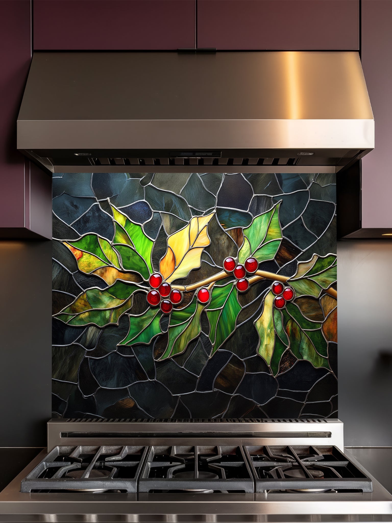 Tempered glass kitchen backsplash featuring a highly realistic 3D illusion of stained glass art showing a winter branch with vibrant green and yellow holly leaves and glowing red berries against a dark textured background, installed behind a modern black stove.