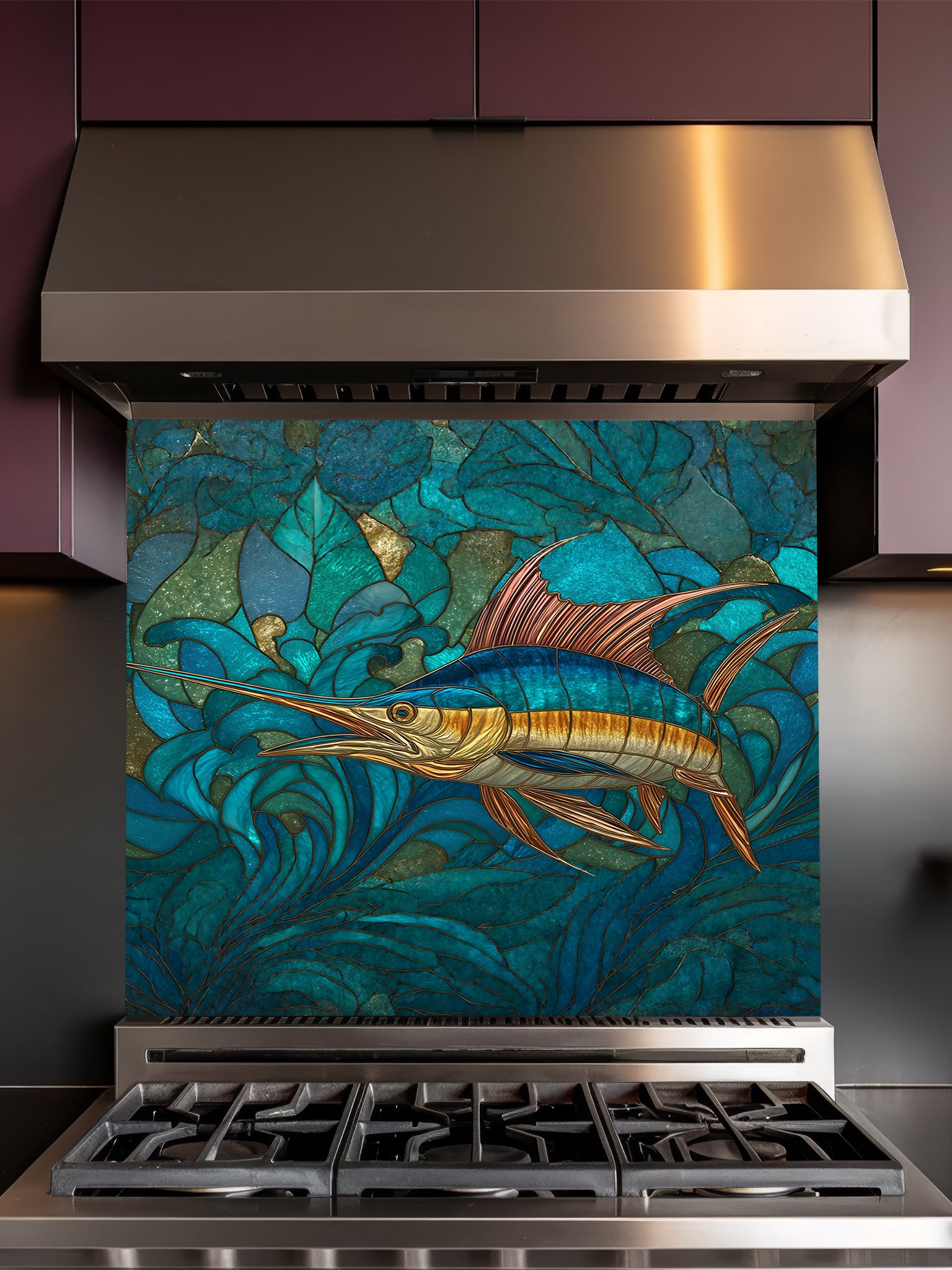 Stained glass style majestic blue marlin swimming through dynamic turquoise ocean waves, UV printed on a smooth tempered glass kitchen backsplash, installed behind a modern stove.