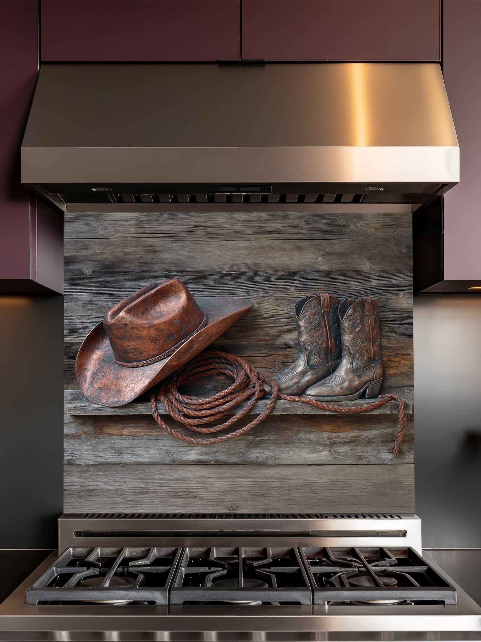 Tempered glass kitchen backsplash featuring a highly realistic 3D illusion of a rustic wooden shelf displaying a copper cowboy hat, worn leather boots, and a lasso rope against a weathered barn wood background, installed behind a modern black stove.