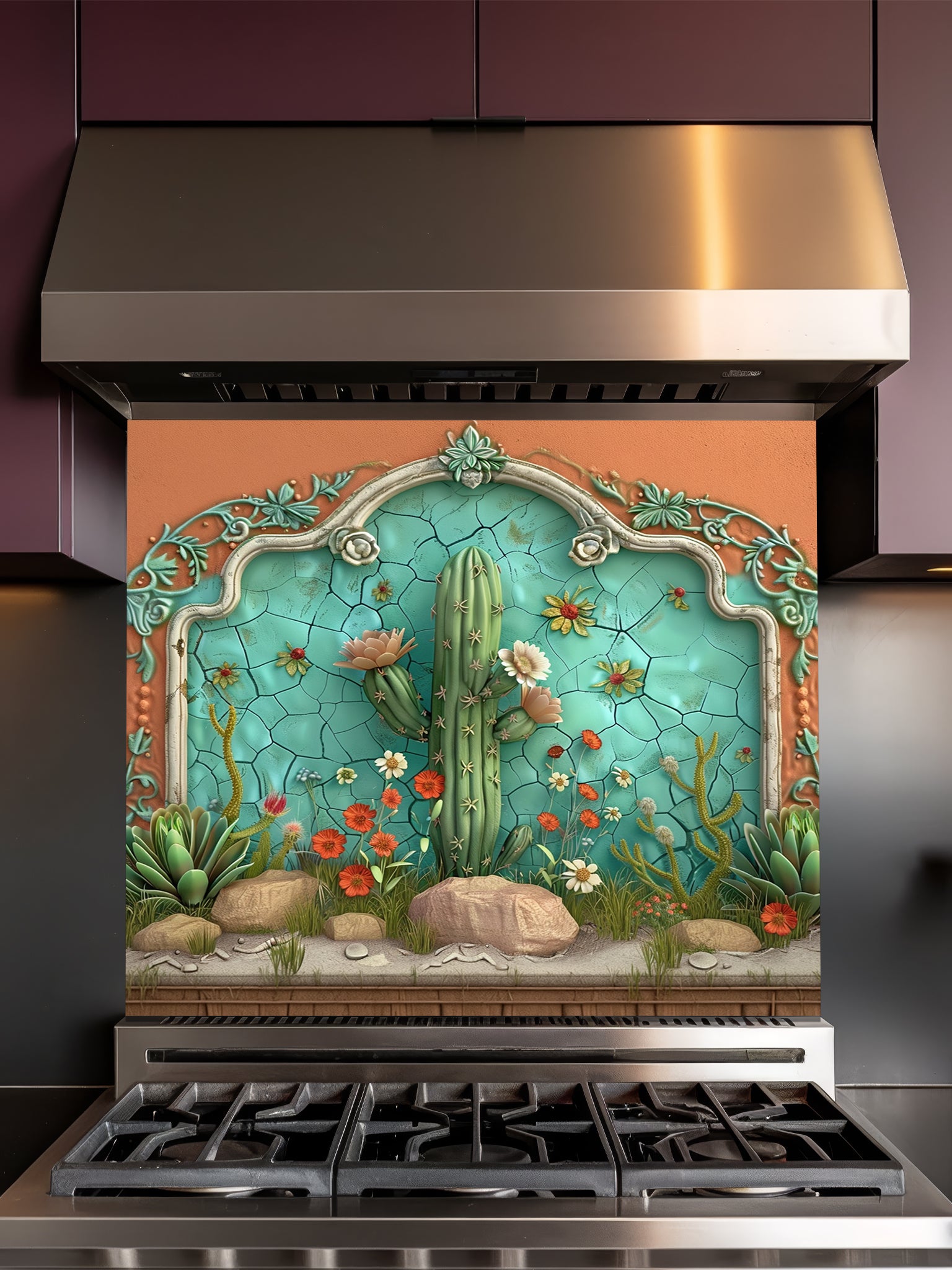 Faux 3D sculpted relief of a desert scene with a Saguaro cactus, succulents, and a terracotta frame against a cracked turquoise ceramic background, UV printed on a smooth tempered glass kitchen backsplash.