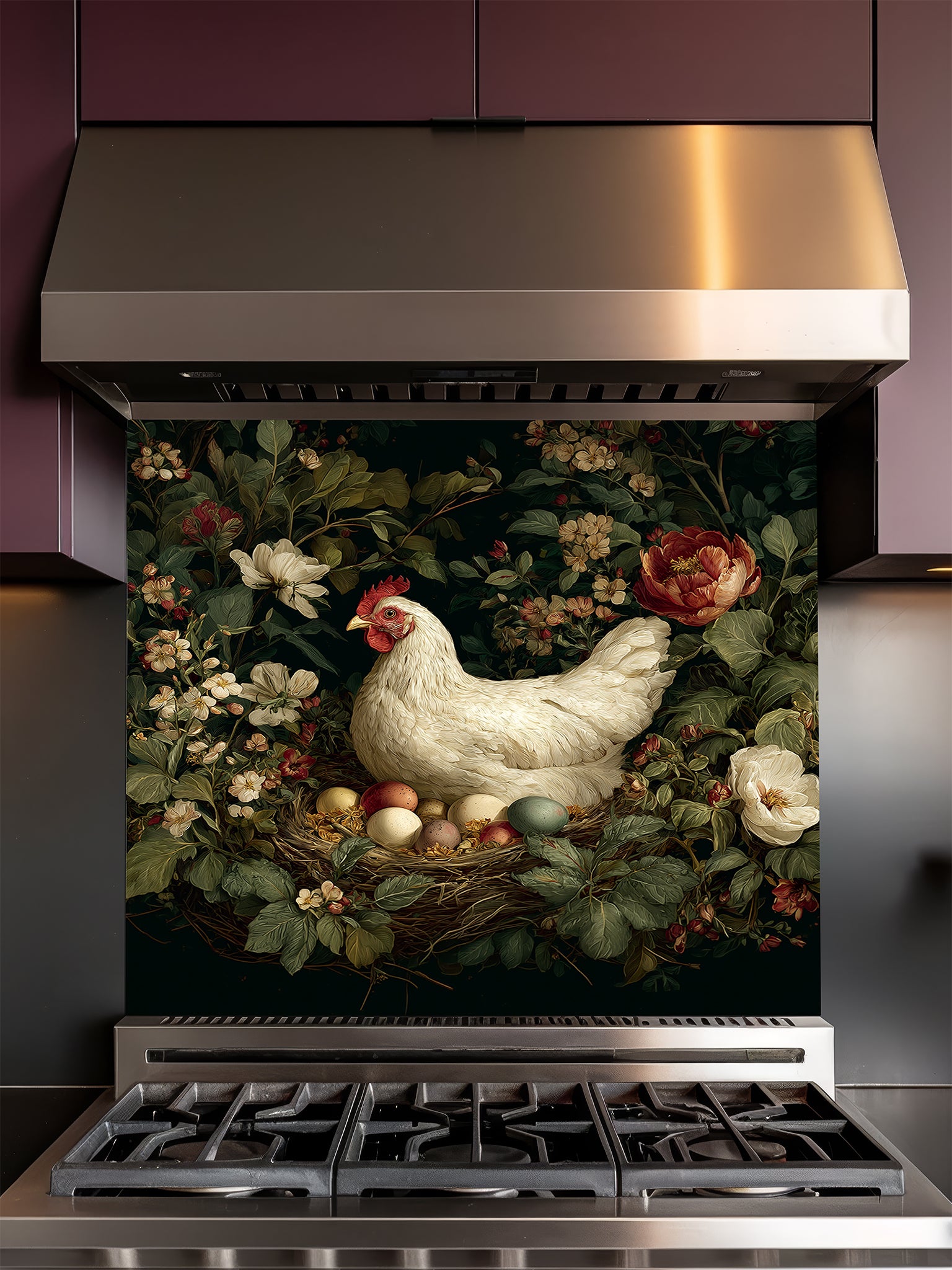 Tempered glass kitchen backsplash featuring a vintage dark moody floral design with a white hen sitting on a nest of colorful eggs, installed behind a modern stainless steel stove.