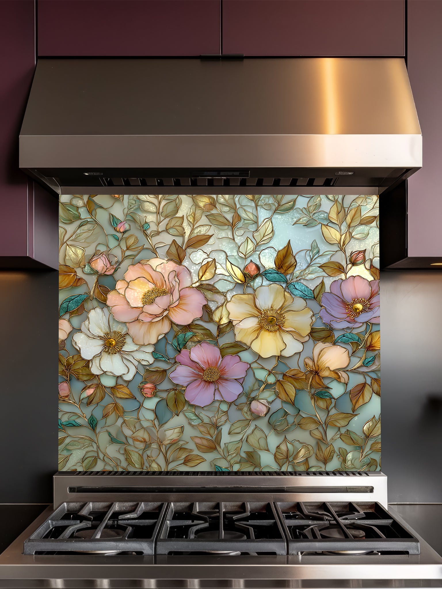 Stained glass style botanical pattern featuring large pastel pink, peach, and yellow peony flowers with gold outlines, UV printed on a smooth tempered glass kitchen backsplash.