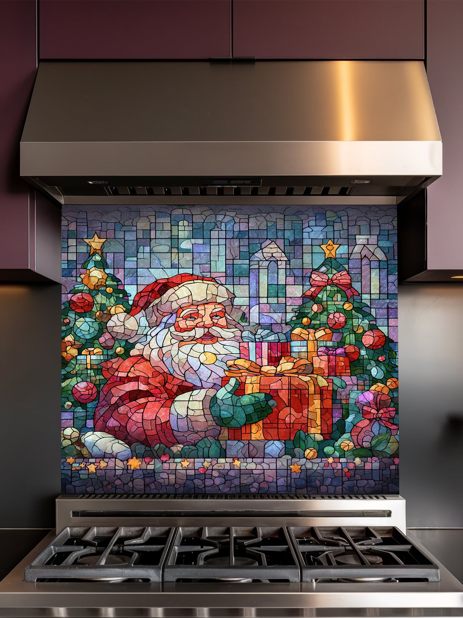 Tempered glass kitchen backsplash featuring a highly realistic 3D illusion of mosaic stained glass art showing a cheerful Santa Claus holding a wrapped gift, surrounded by green Christmas trees and colorful presents against a tiled blue and purple background, installed behind a modern black stove.