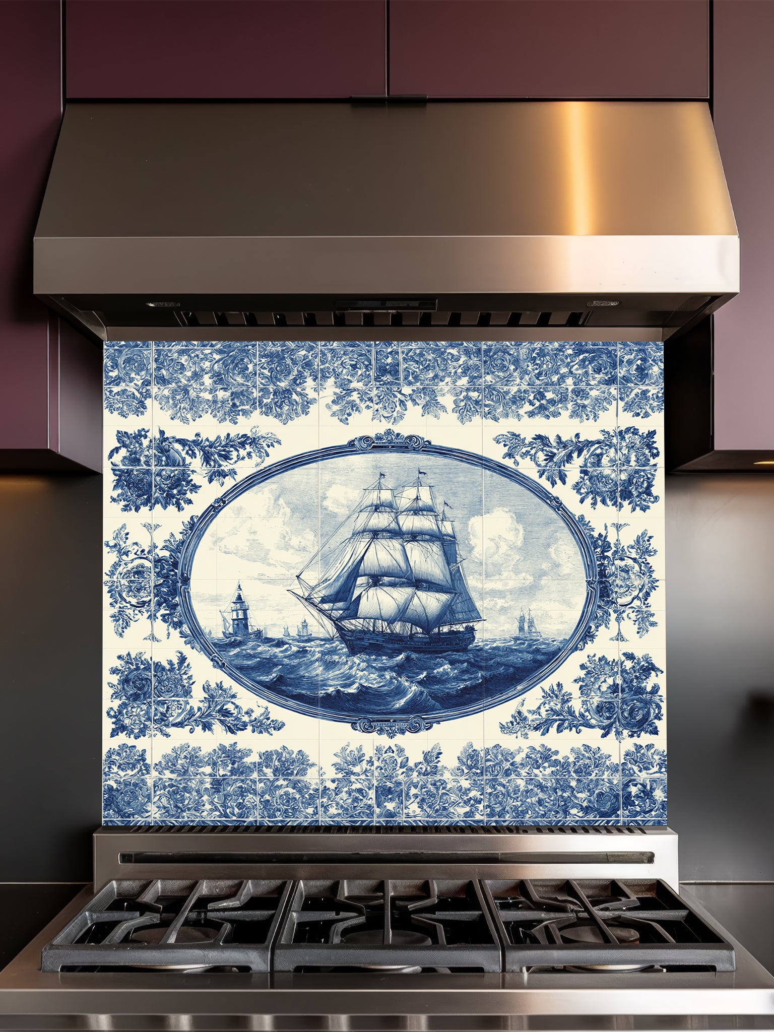 Faux blue and white Portuguese Azulejo tile mural featuring a classic sailing ship on the ocean, UV printed on a smooth tempered glass kitchen backsplash.