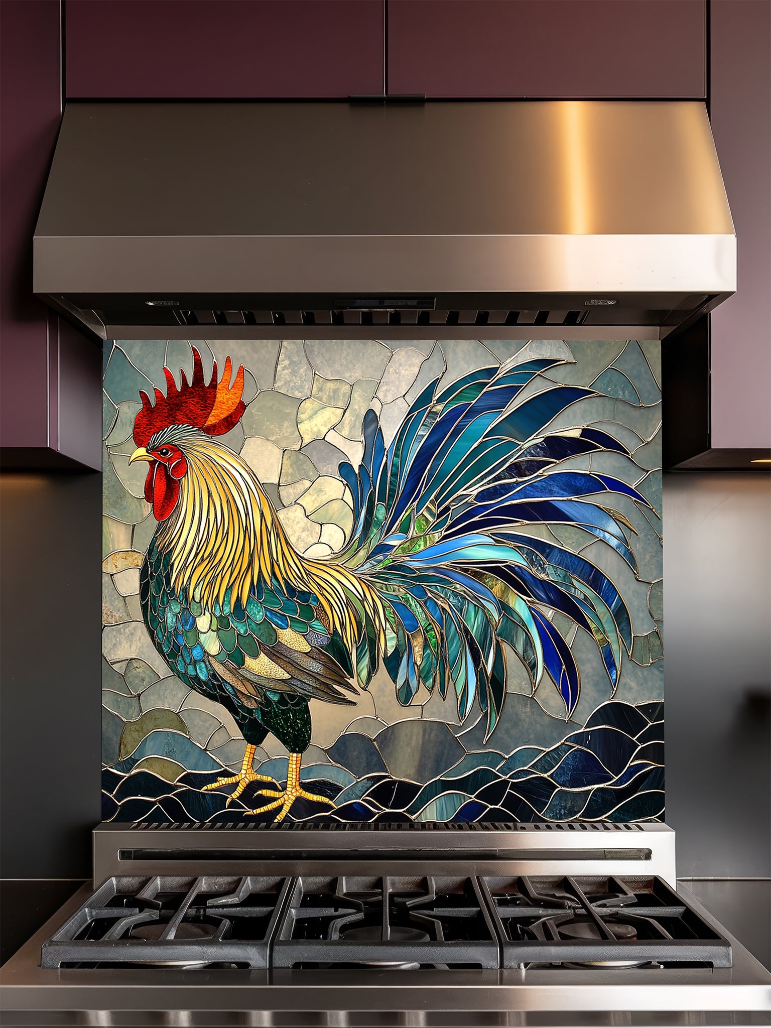Tempered glass kitchen backsplash featuring a vibrant faux stained glass design of a majestic rooster in rich blues, greens, yellows, and reds, installed behind a modern stainless steel stove.