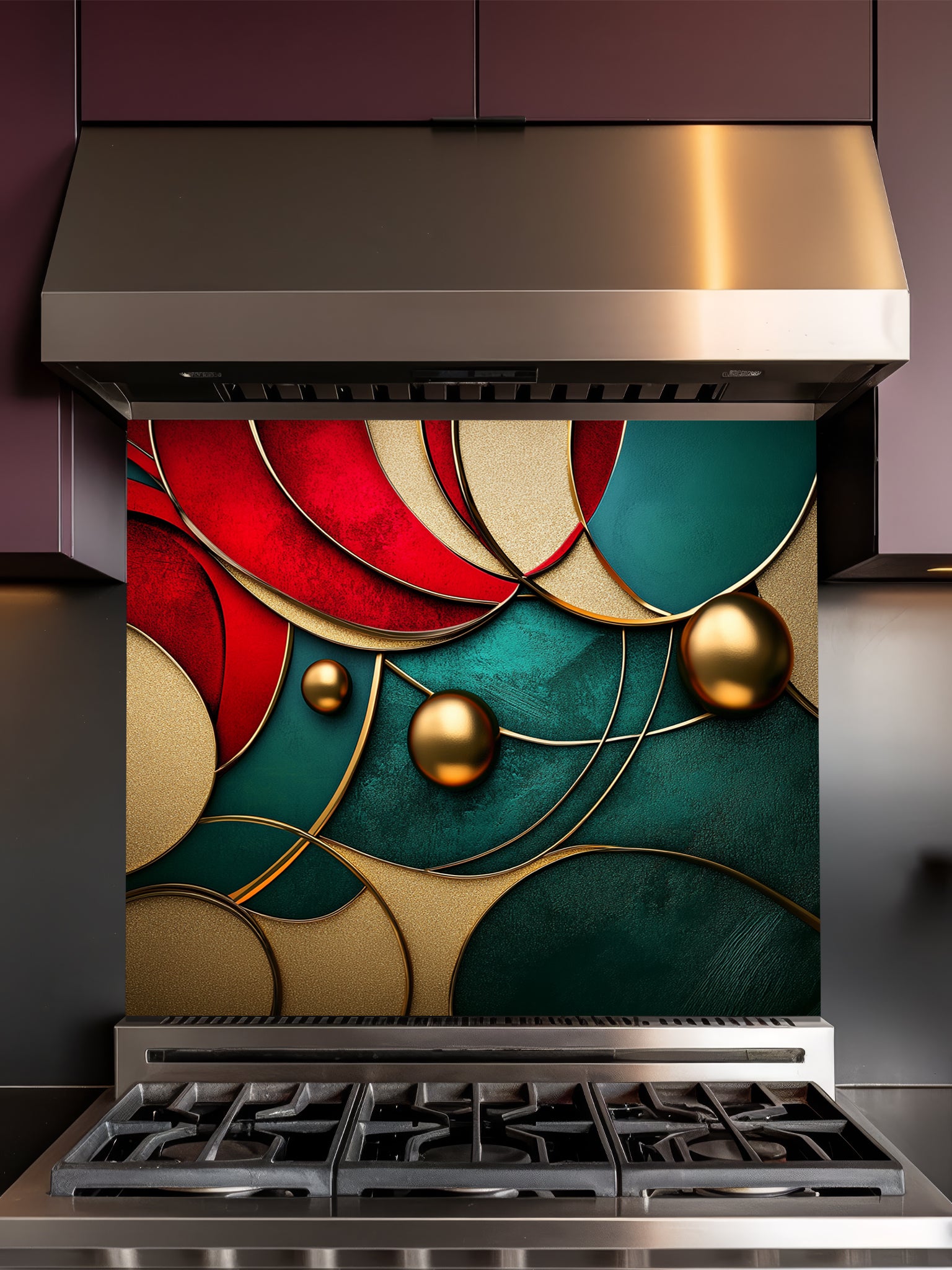 Tempered glass kitchen backsplash featuring a highly realistic 3D illusion of abstract overlapping geometric circles and waves in rich ruby red and emerald green with striking gold outlines and floating 3D metallic gold spheres, installed behind a modern stainless steel stove.