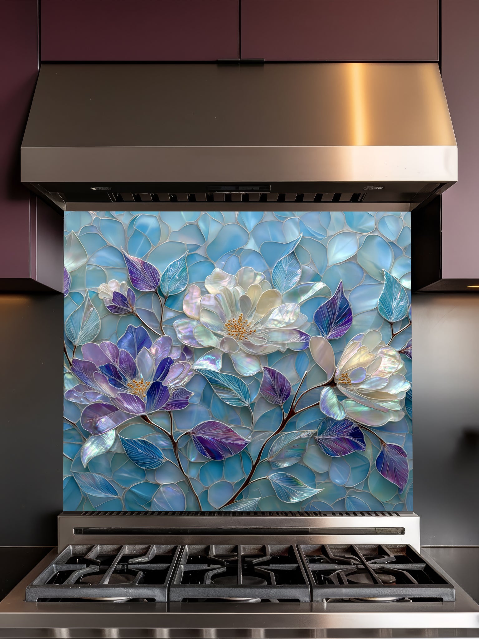 Tempered glass kitchen backsplash featuring a highly realistic 3D illusion of stained glass and mother-of-pearl mosaic art, showing large, elegant blooming flowers in iridescent shades of pearlescent white, lavender, and purple with flowing aqua blue leaves, installed behind a modern black stove.