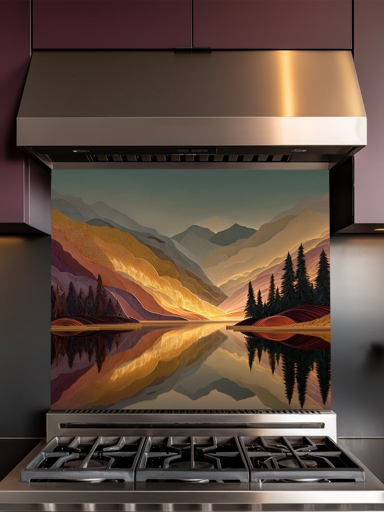 Tempered glass kitchen backsplash featuring a highly realistic 3D illusion of a textured mountain landscape at sunset, showcasing glowing golden peaks, dark pine trees, and a calm lake reflection in rich burgundy and amber tones, installed behind a modern black stove.