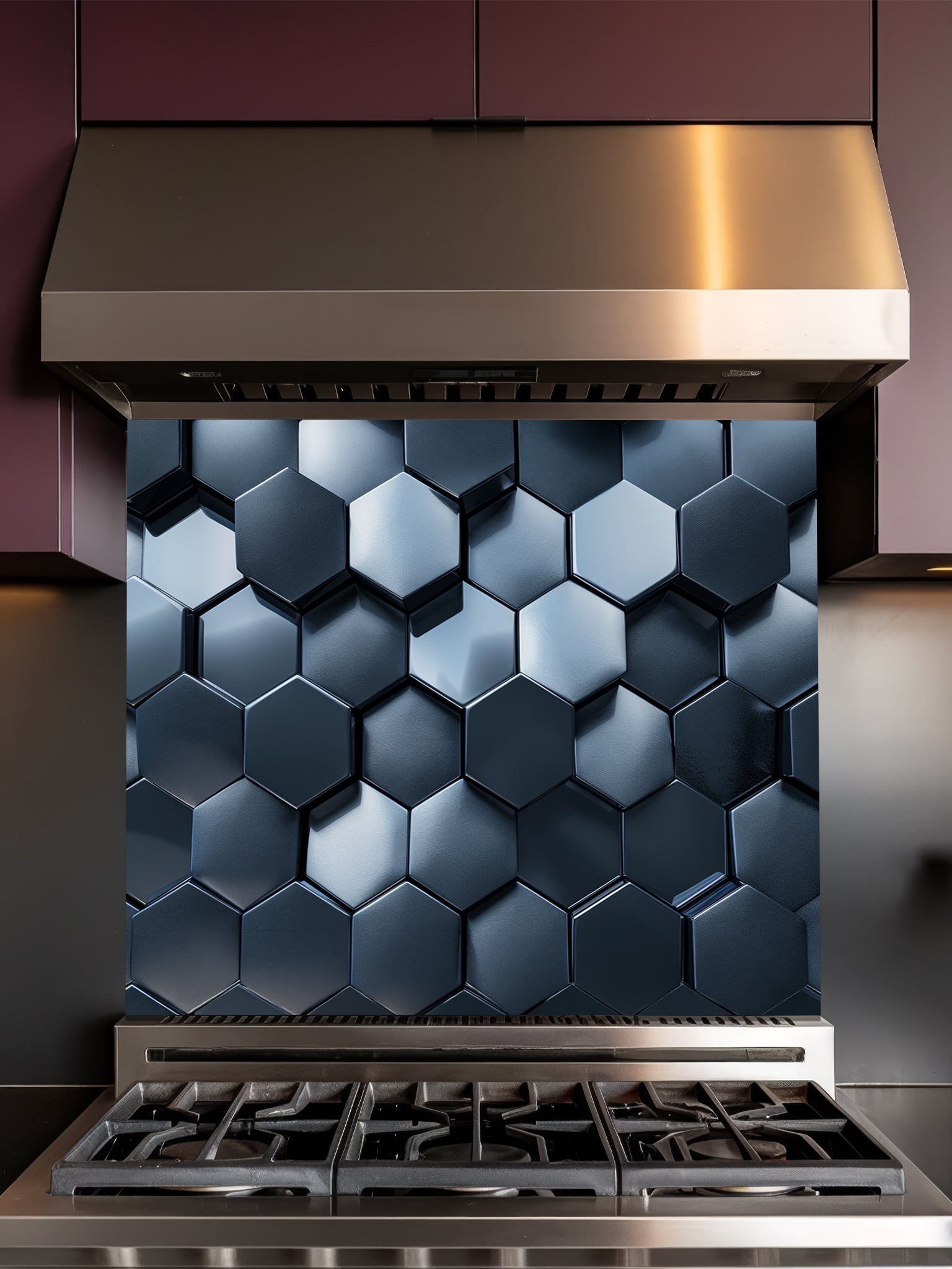 Faux 3D effect dark gunmetal metallic hexagon honeycomb tiles, UV printed on a smooth tempered glass kitchen backsplash, installed behind a modern stove.