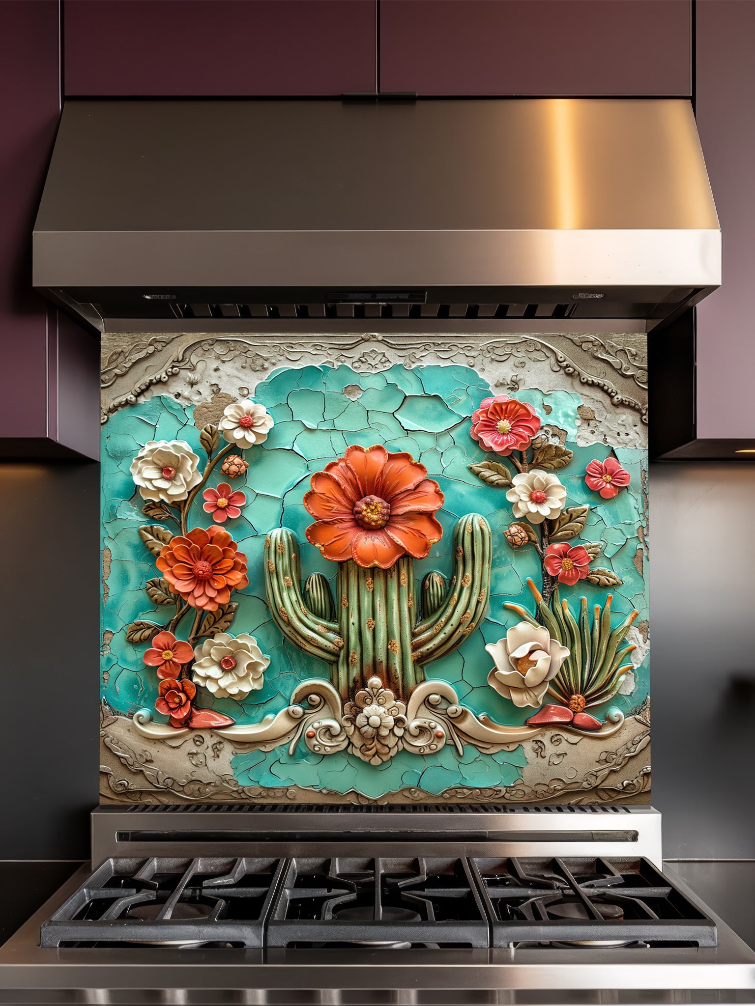 Faux 3D effect embossed blooming cactus with orange flowers on vintage cracked turquoise tiles, UV printed on a smooth tempered glass kitchen backsplash, installed behind a modern stove.