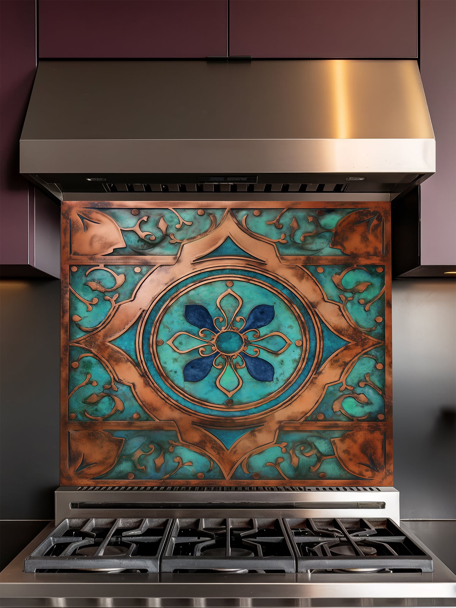 Tempered glass kitchen backsplash featuring a highly realistic 3D faux metal design of an ornate Moroccan floral mandala in oxidized copper with rich teal patina accents, installed behind a modern stainless steel stove.