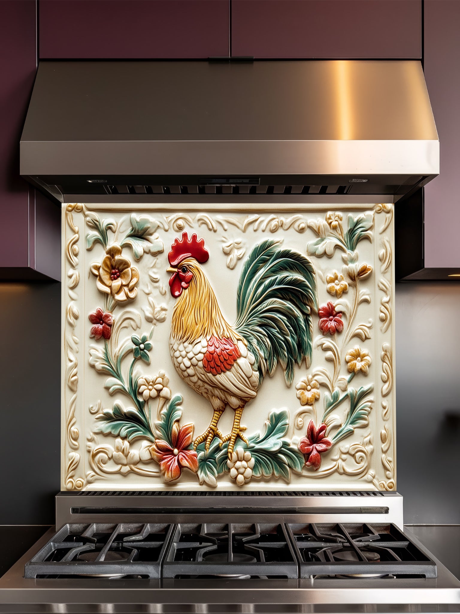 Tempered glass kitchen backsplash featuring a highly realistic 3D illusion of a vintage embossed ceramic tile showing a proud rooster and rustic floral vines in red, green, and gold against a cream background, installed behind a modern stainless steel stove.