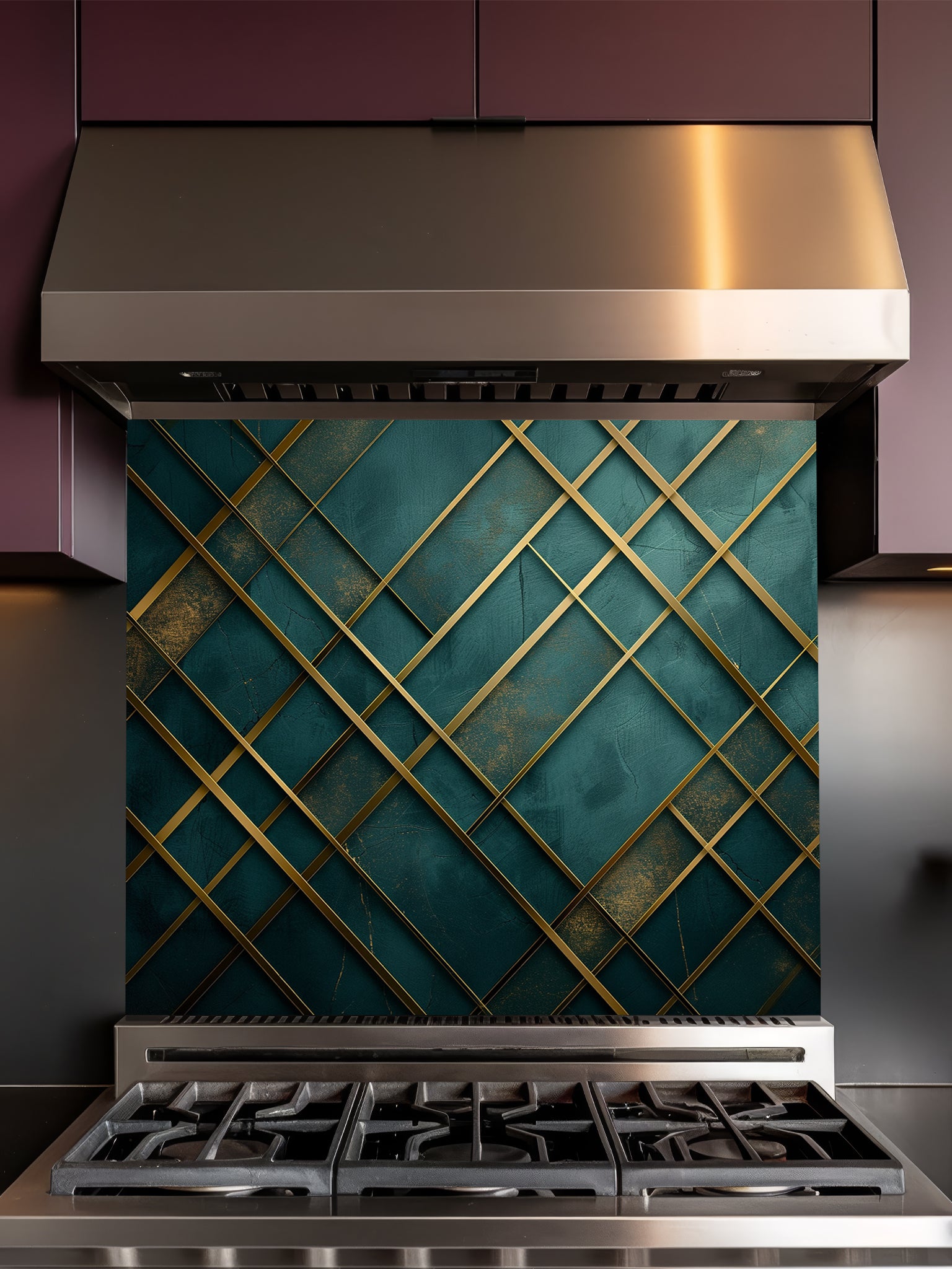 Tempered glass kitchen backsplash featuring a highly realistic 3D illusion of a textured emerald green and teal background crossed by elegant, abstract metallic gold geometric lines, installed behind a modern black stove.