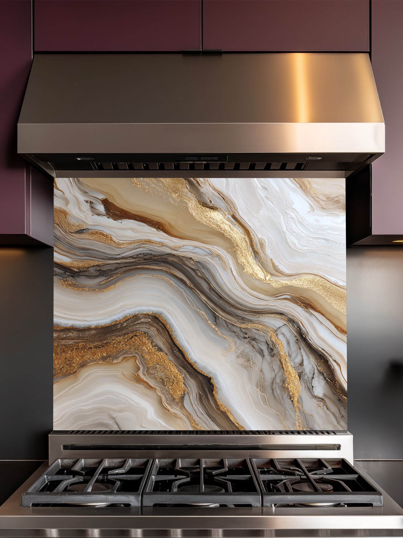Abstract fluid art pattern mimicking white and brown agate marble with swirling gold leaf veins, UV printed on a smooth tempered glass kitchen backsplash, installed behind a modern stove.