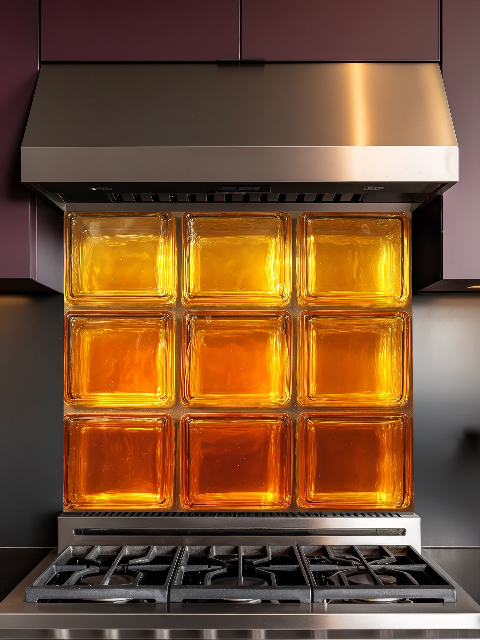 A retro-style kitchen featuring a tempered glass backsplash with a highly realistic faux amber glass block design, giving a warm glowing illusion behind a modern black stove.