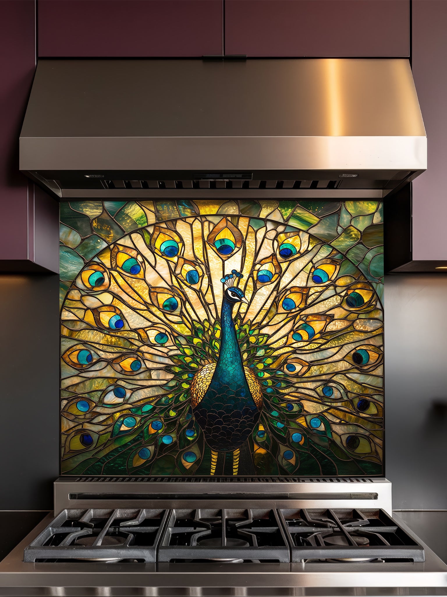 Tempered glass kitchen backsplash featuring a highly realistic 3D illusion of stained glass art showing a majestic peacock with fully spread tail feathers in vibrant emerald greens, blues, and gold, installed behind a modern stainless steel stove.