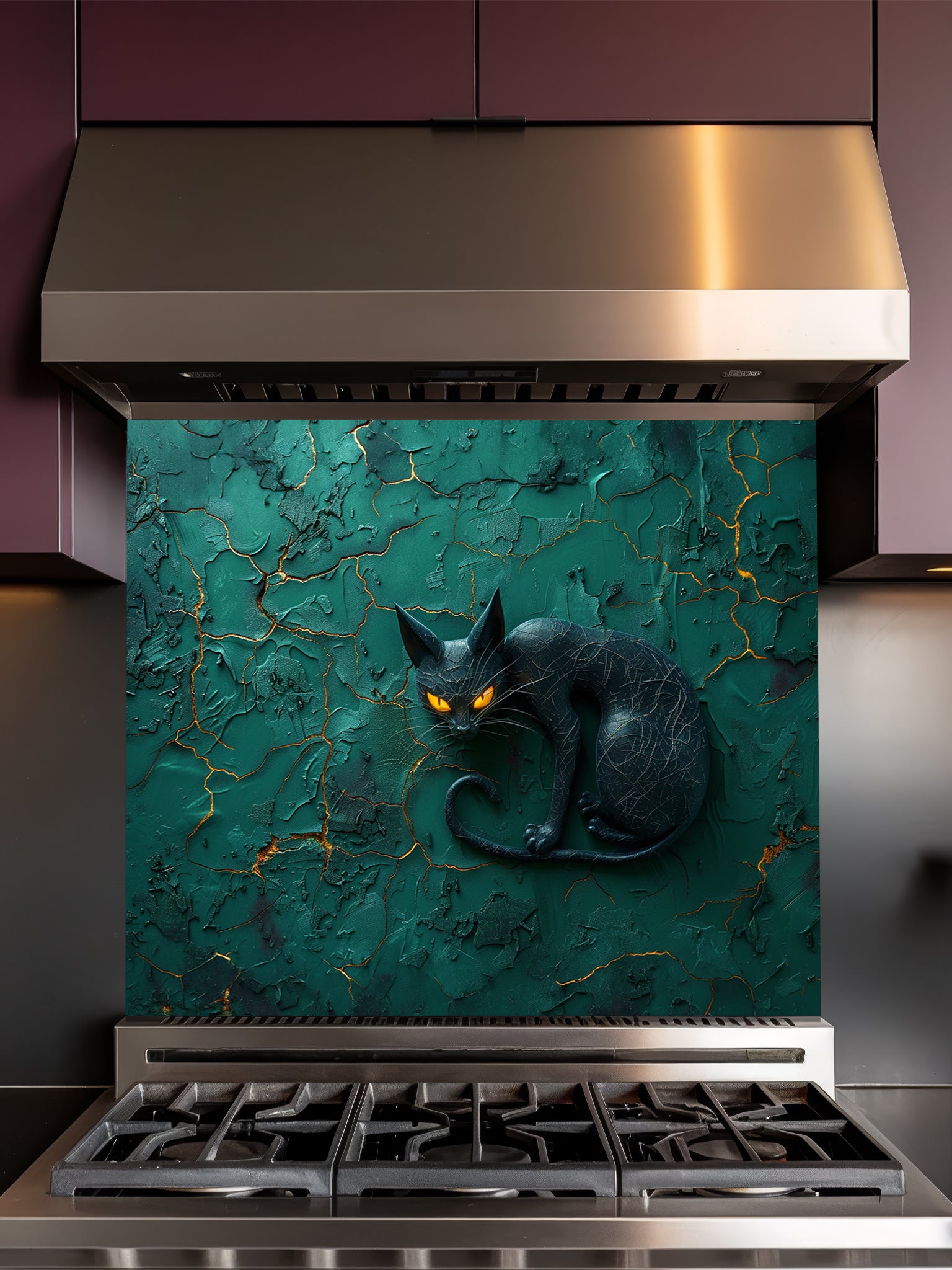 Tempered glass kitchen backsplash featuring a highly realistic 3D illusion of a sleek sculpted black cat with glowing orange eyes resting against a heavily textured emerald green plaster wall with golden kintsugi cracks, installed behind a modern black stove.