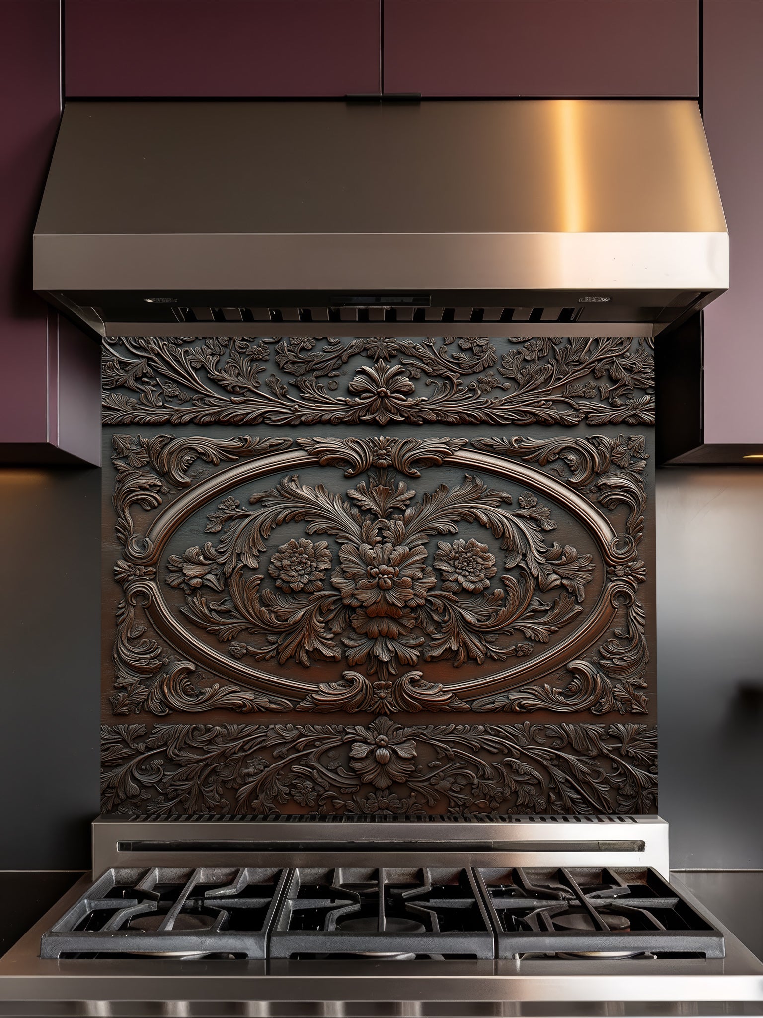 Faux 3D effect dark wood carved floral pattern in an ornate baroque frame, UV printed on a smooth tempered glass kitchen backsplash, installed behind a modern stove.
