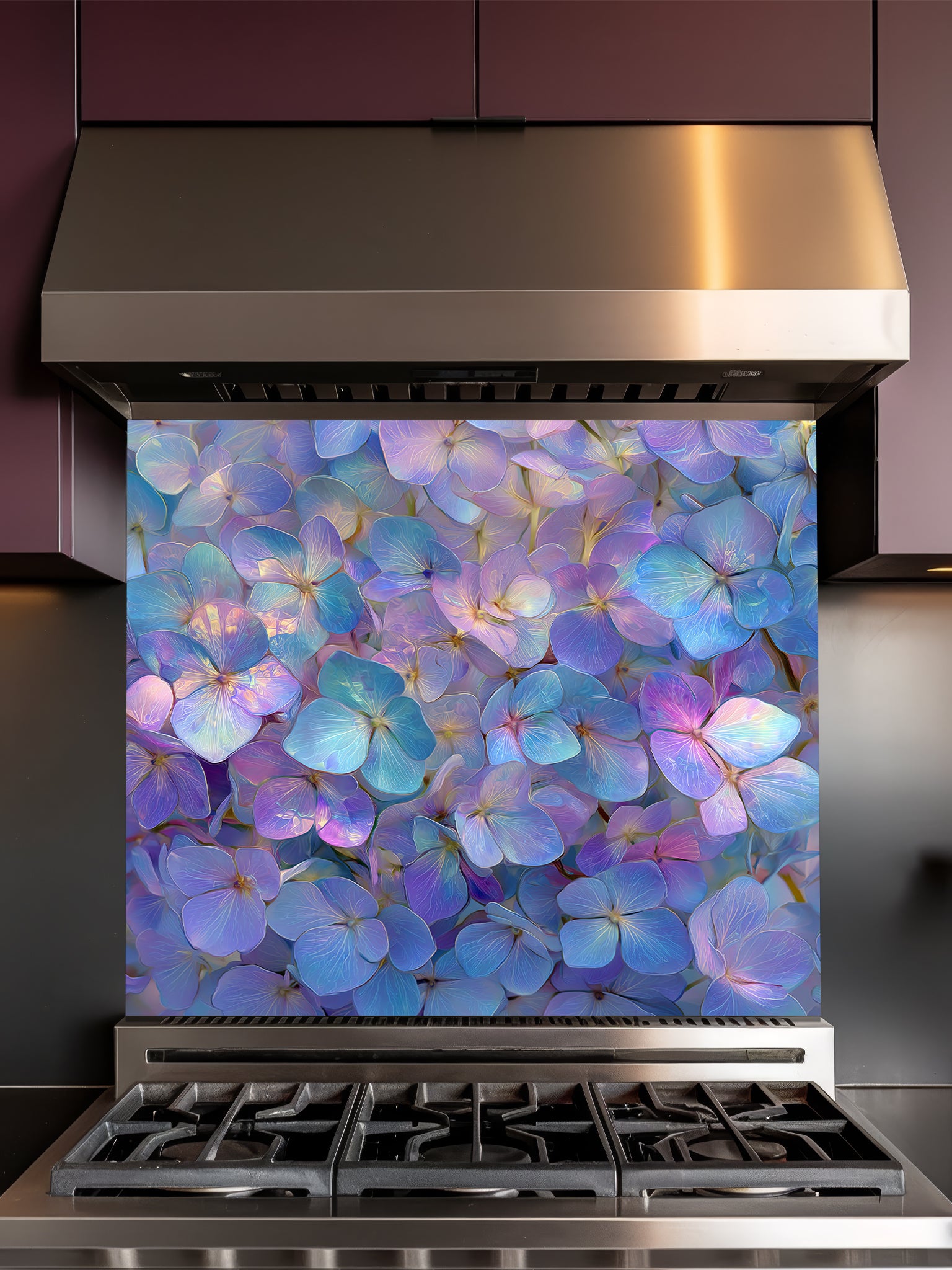 Ethereal iridescent floral pattern featuring glowing purple, blue, and pink flower petals, UV printed on a smooth tempered glass kitchen backsplash, installed behind a modern stove.