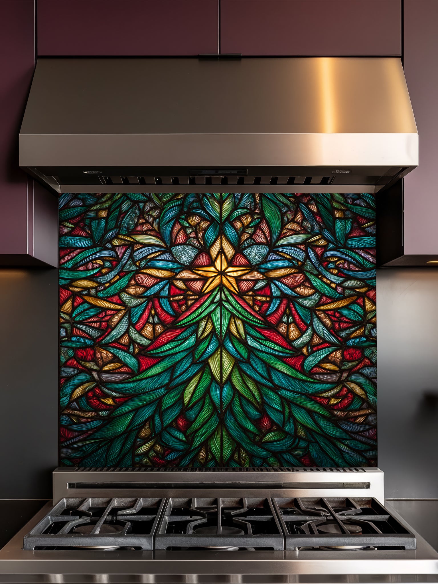 Tempered glass kitchen backsplash featuring a highly realistic 3D illusion of stained glass art showing a vibrant, symmetrical geometric Christmas tree with a glowing gold star at the top in rich jewel tones of emerald green, ruby red, and amber, installed behind a modern black stove.