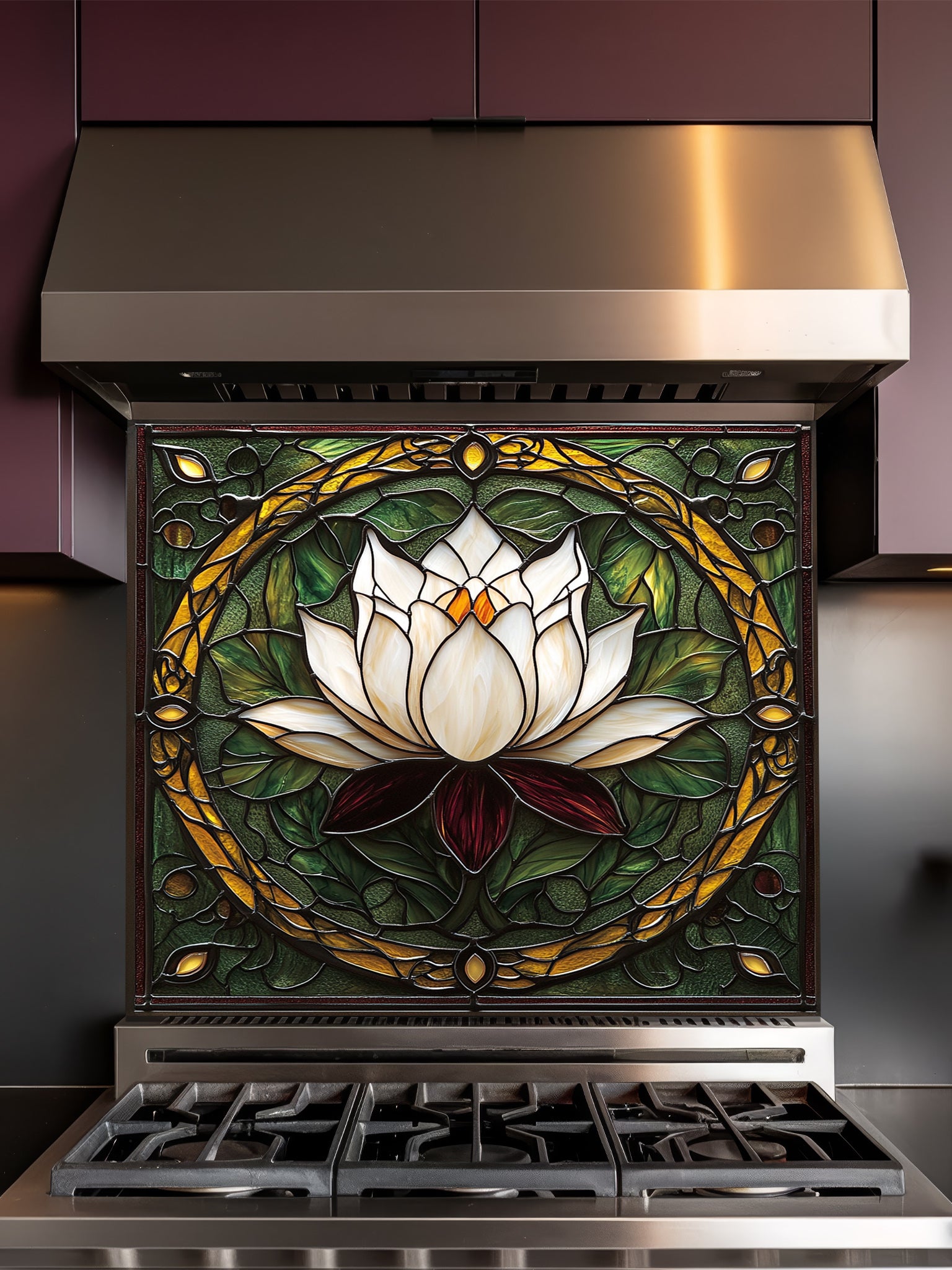 Stainless steel range hood with stained glass lotus flower design on a dark background