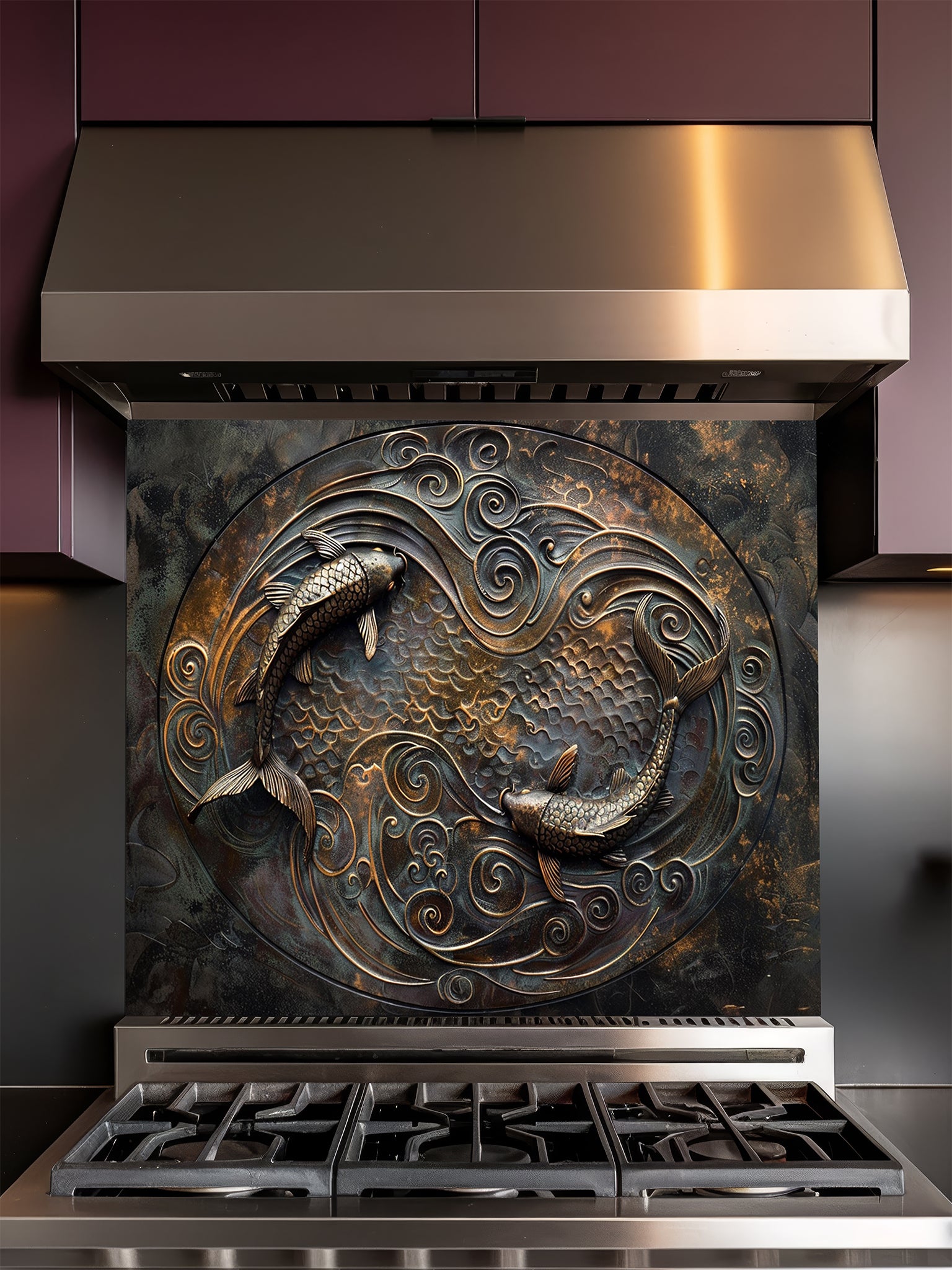 Tempered glass kitchen backsplash featuring a highly realistic 3D faux metal design of two Koi fish swimming in a circular Yin-Yang pattern among swirling waves in antique bronze and dark oxidized tones, installed behind a modern stainless steel stove.