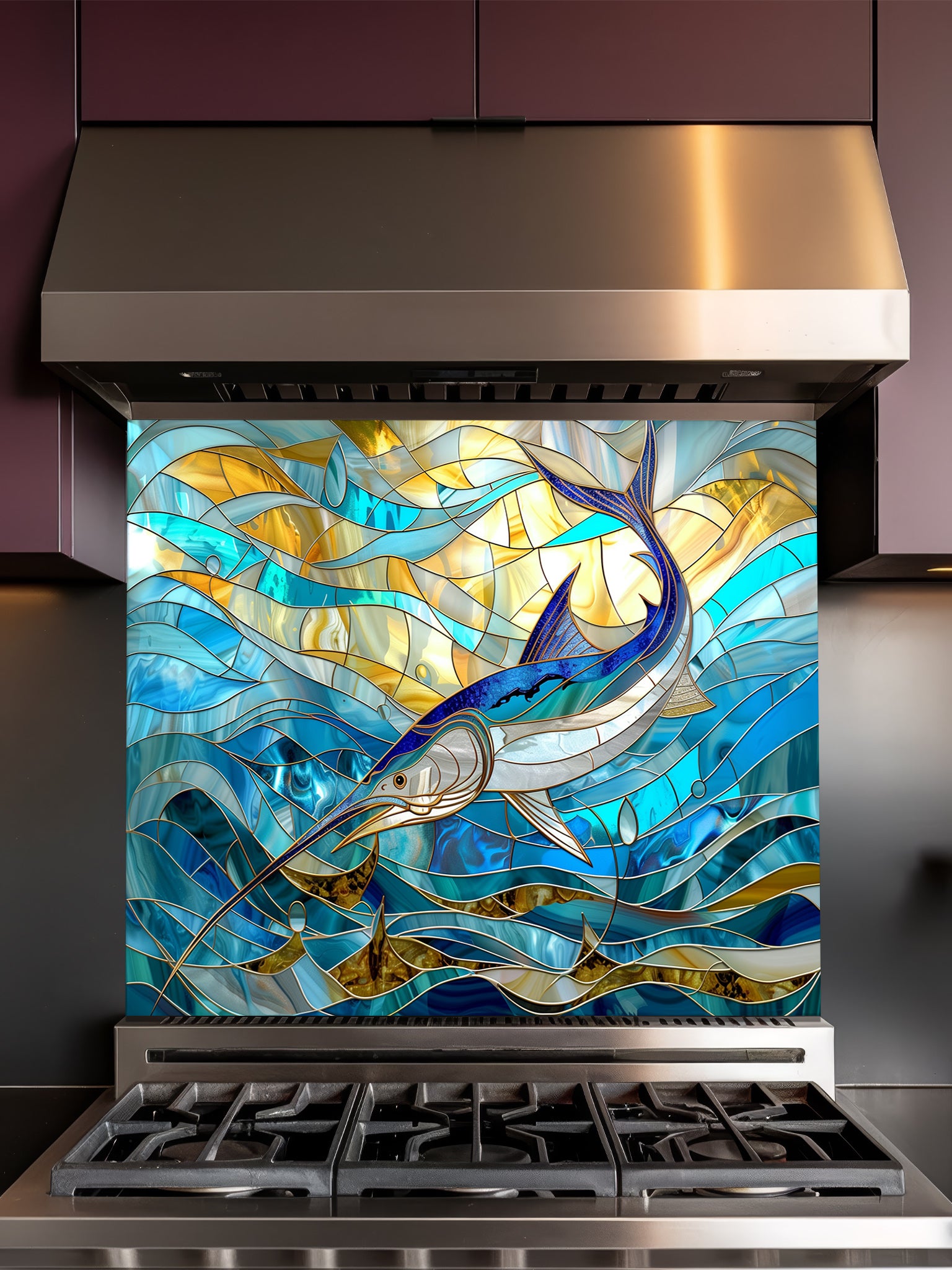 Tempered glass kitchen backsplash featuring a highly realistic 3D illusion of stained glass art showing a majestic blue marlin leaping through swirling ocean waves in vibrant blues and glowing amber tones, installed behind a modern stainless steel stove.