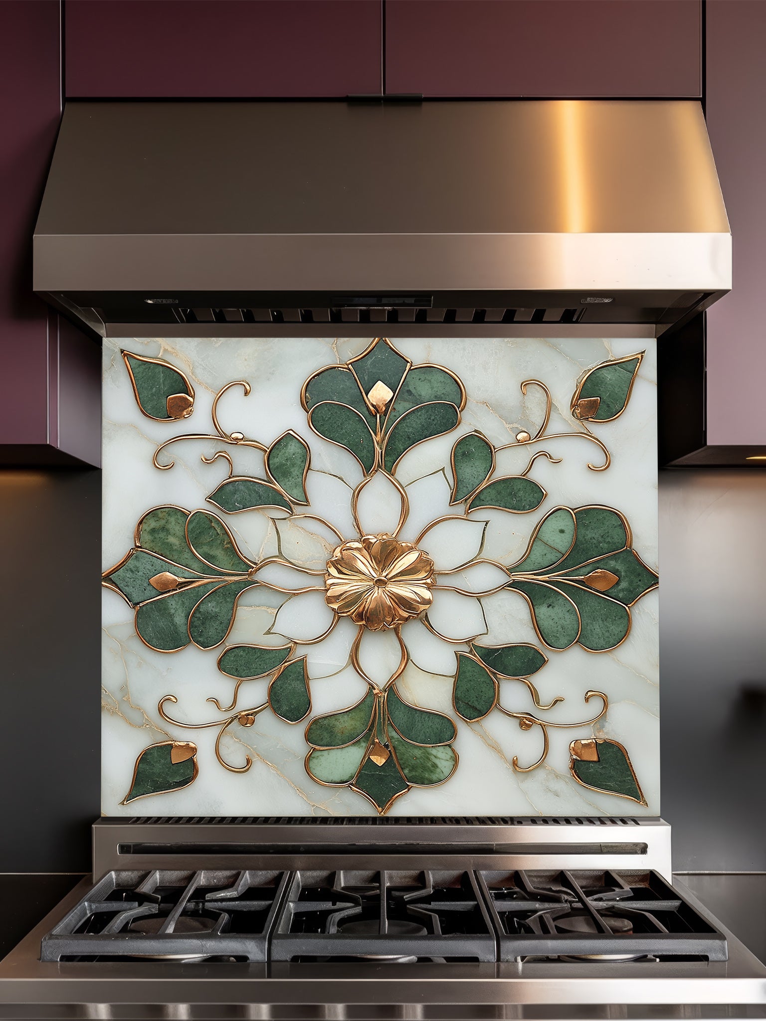 A luxurious kitchen featuring a tempered glass backsplash with a white marble background, symmetrical green floral leaves, and 3D-effect gold accents, installed behind a modern stainless steel stove.