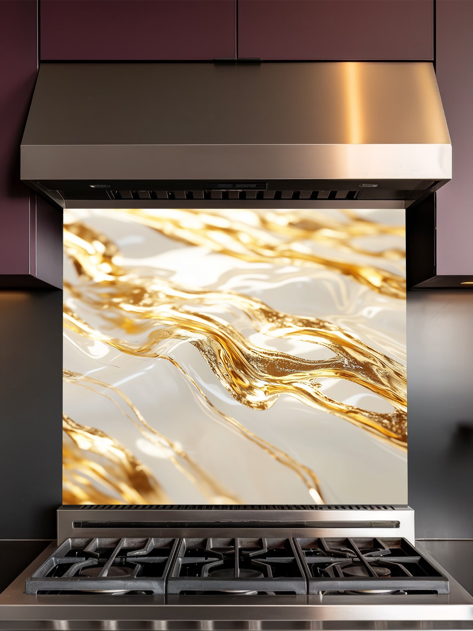Stainless steel stove with gold and marble design backsplash