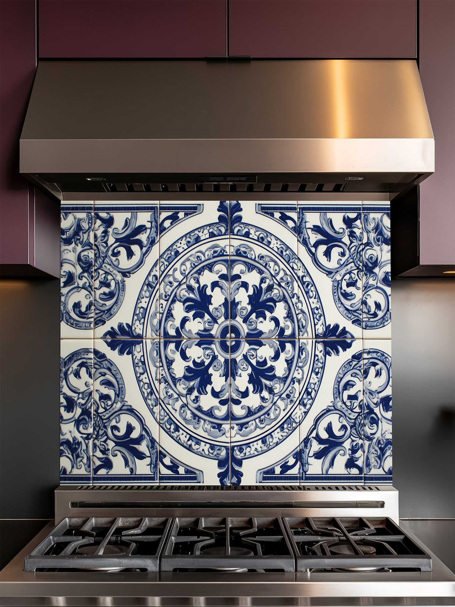 Tempered glass kitchen backsplash featuring a traditional Mediterranean blue and white Azulejo faux tile design with an ornate central floral mandala pattern, installed behind a modern stainless steel stove.