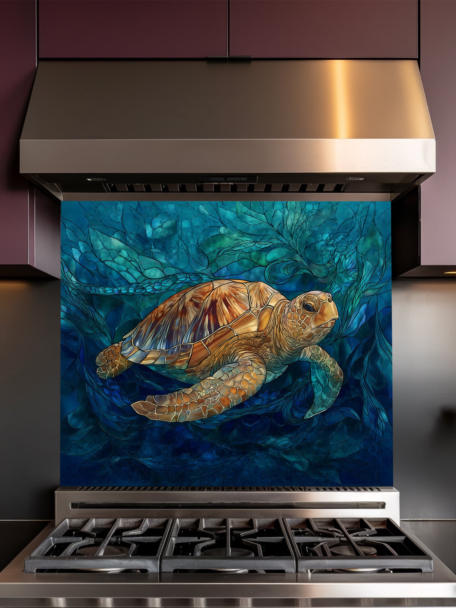 Tempered glass kitchen backsplash featuring a highly realistic 3D illusion of stained glass art showing a majestic sea turtle swimming through deep blue ocean flora and waves, installed behind a modern stainless steel stove.