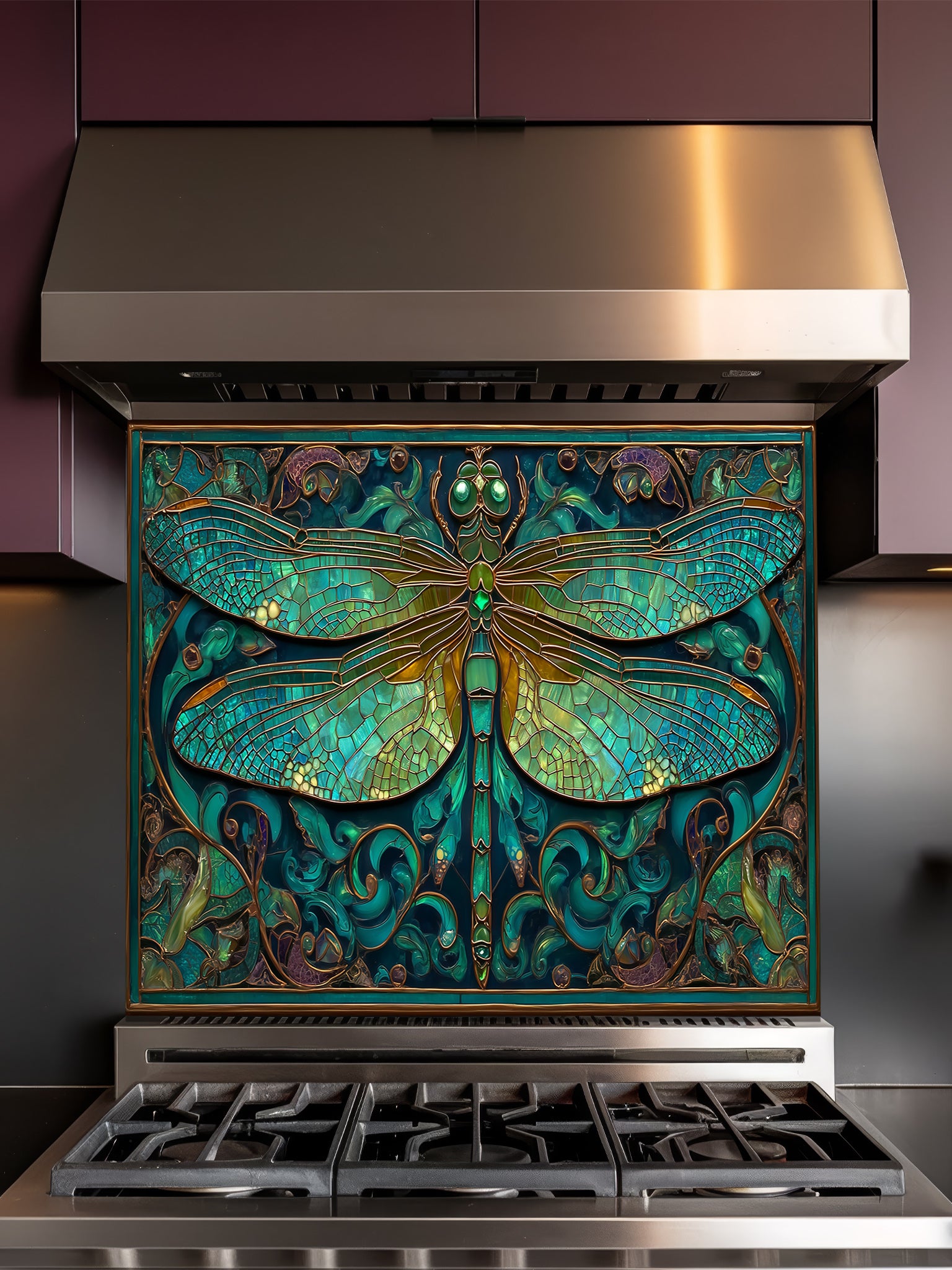 Tempered glass kitchen backsplash featuring a highly realistic 3D illusion of Art Nouveau stained glass showing a magnificent dragonfly with intricate teal and emerald green wings outlined in gold, surrounded by botanical swirls, installed behind a modern stainless steel stove.