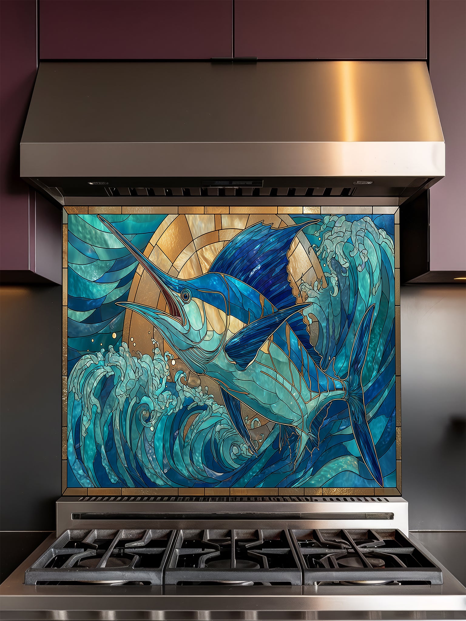 Tempered glass kitchen backsplash featuring a vibrant faux stained glass design of a majestic blue marlin leaping out of teal ocean waves against a glowing golden sunburst background, installed behind a modern stainless steel stove.