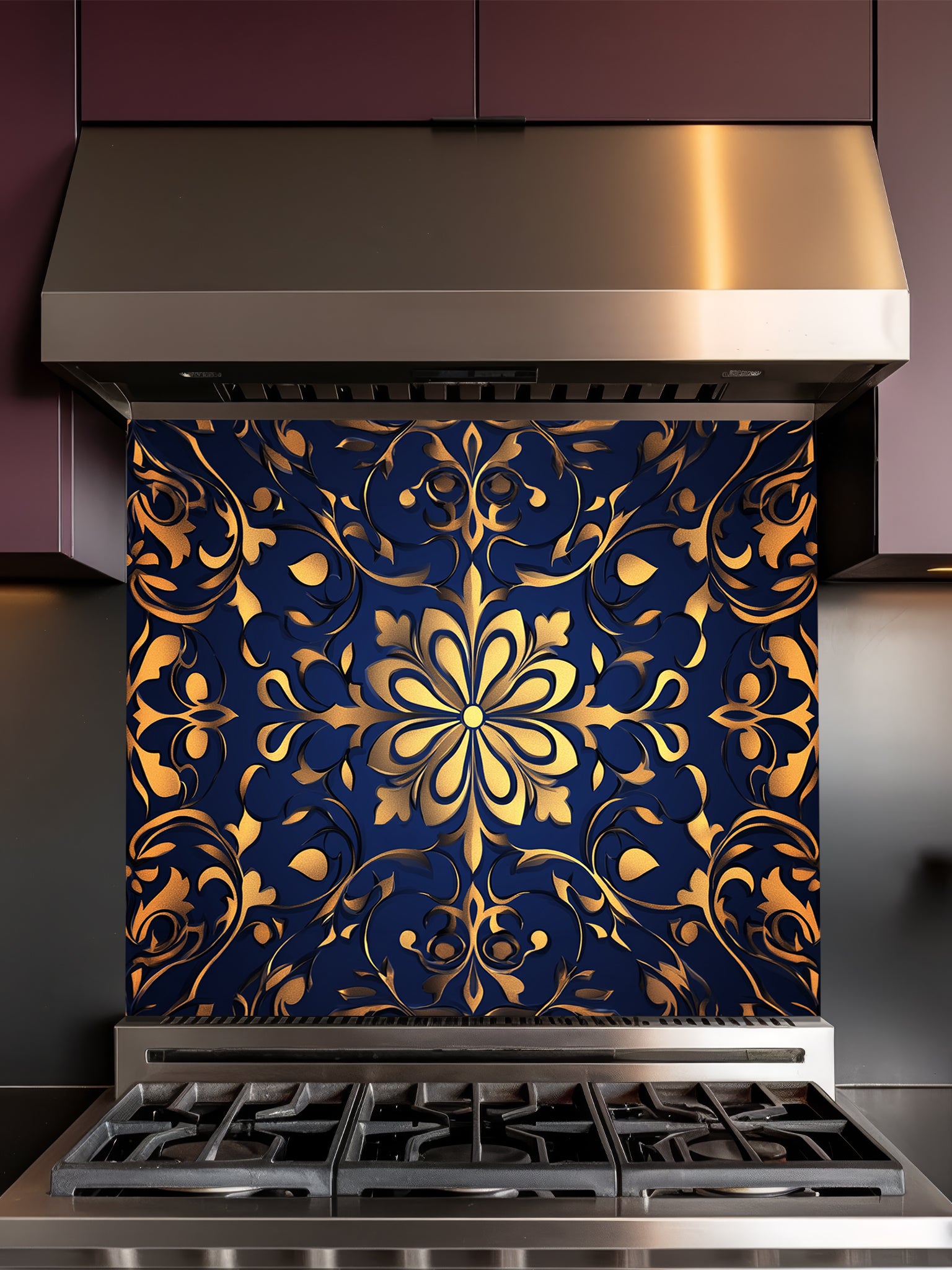 Elegant faux embossed gold damask floral mandala pattern on a deep midnight navy blue background, UV printed on a smooth tempered glass kitchen backsplash.