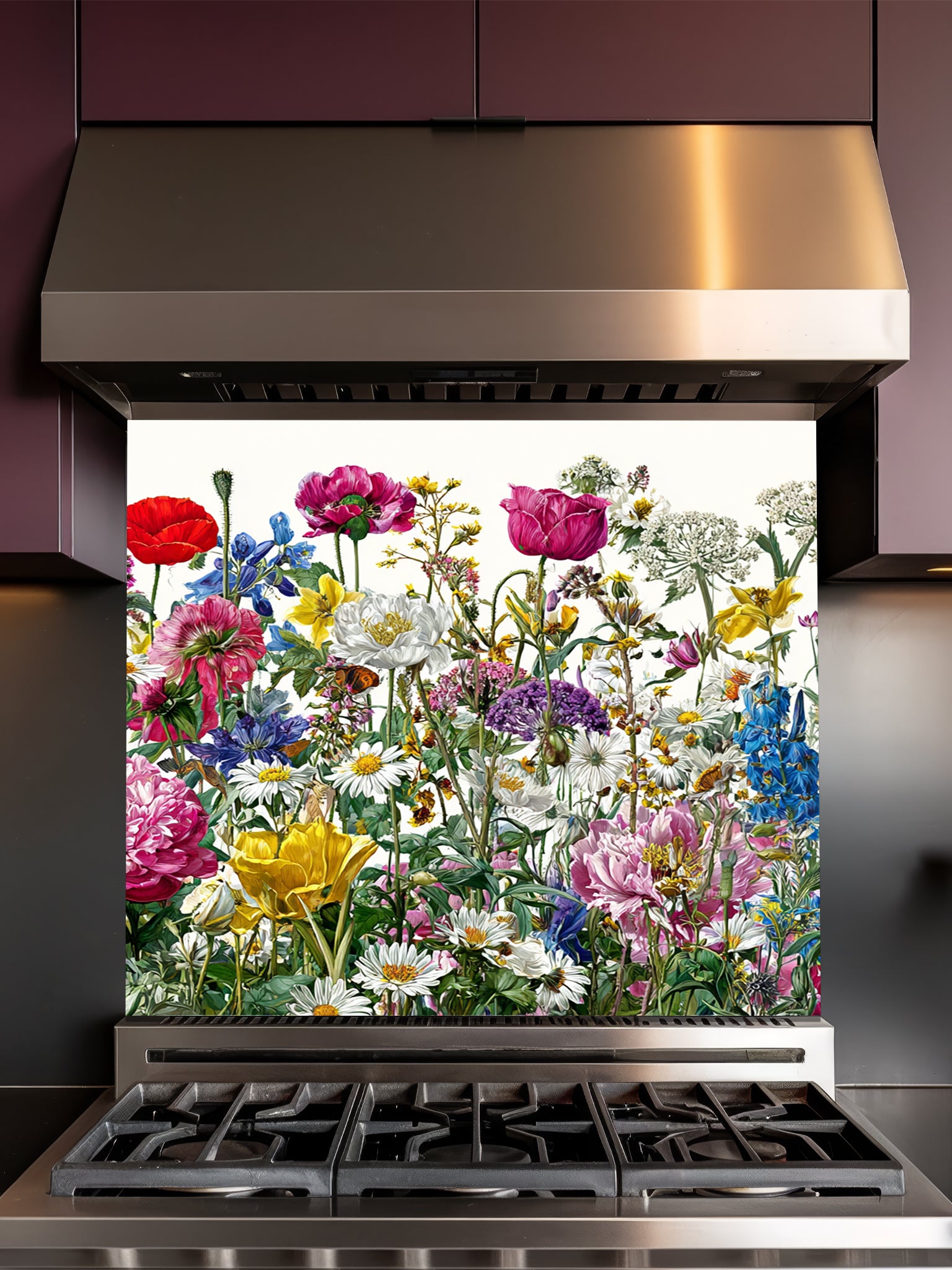 Vibrant spring meadow pattern featuring colorful wildflowers, red poppies, and daisies on a crisp white background, UV printed on a smooth tempered glass kitchen backsplash.